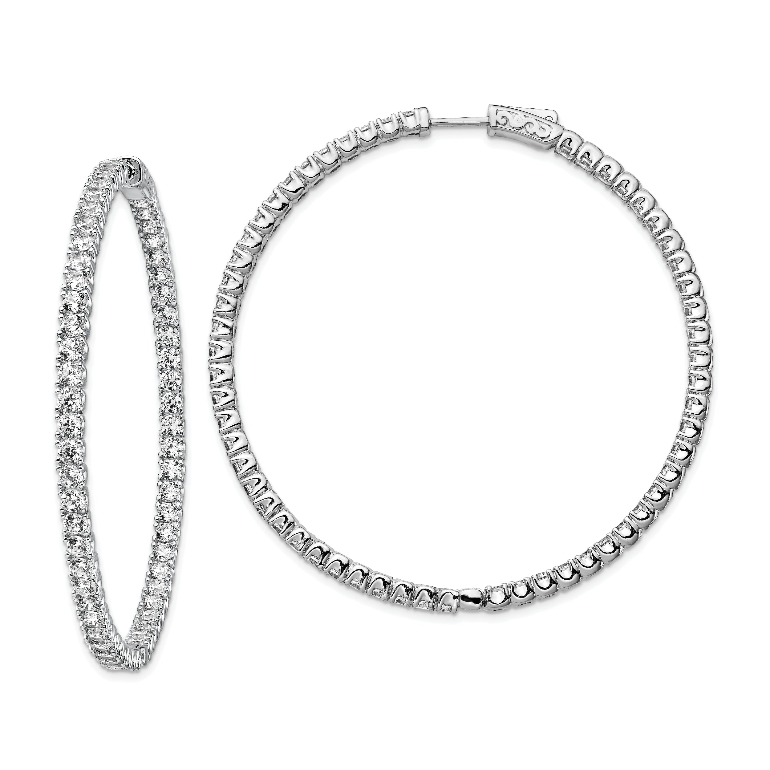 Sterling Shimmer Sterling Silver Rhodium-plated 114 Stone 2.5mm CZ In and Out Round Hinged Hoop Earrings