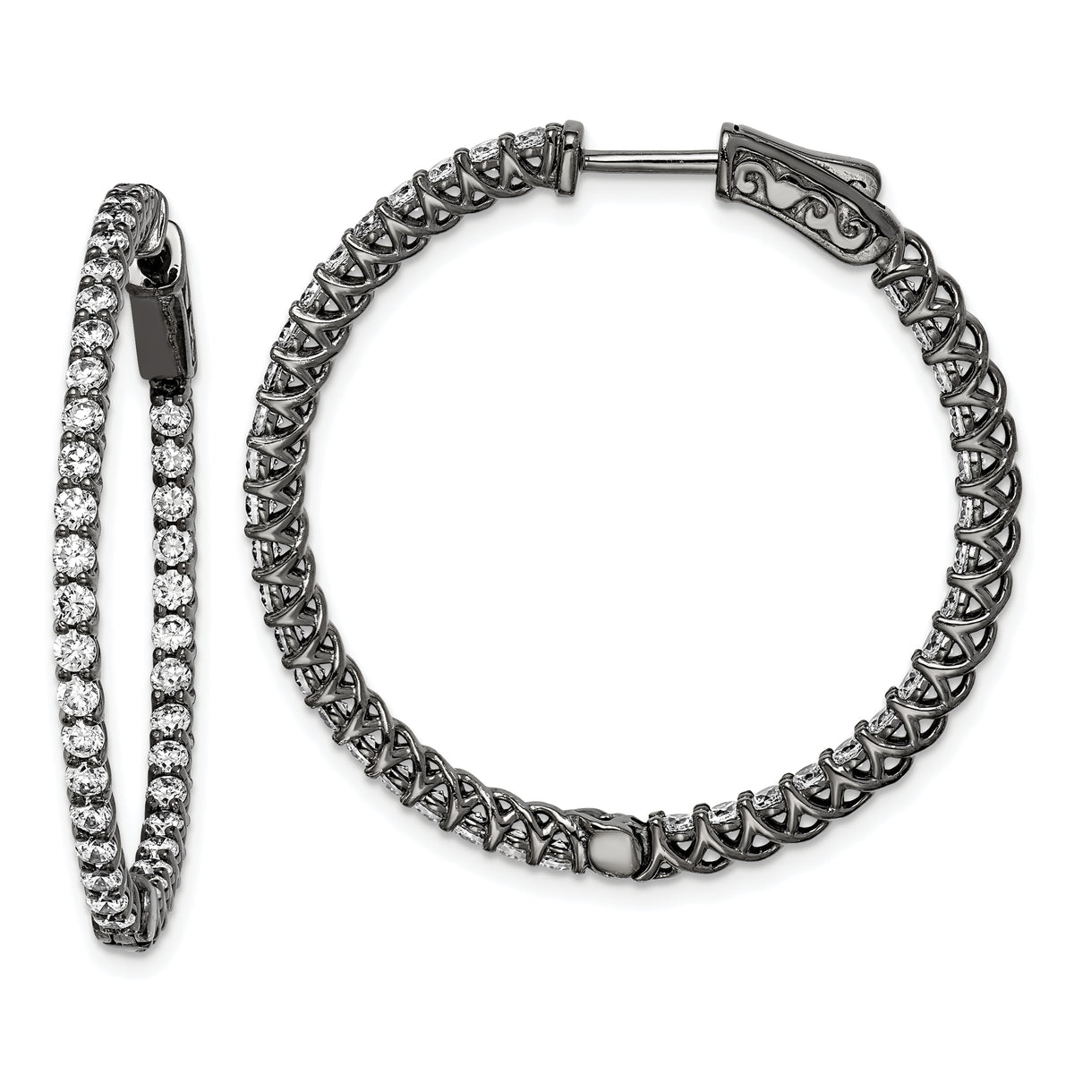 Sterling Shimmer Black Rhodium-plated 78 Stone 2mm CZ In and Out Round Hinged Hoop Earrings