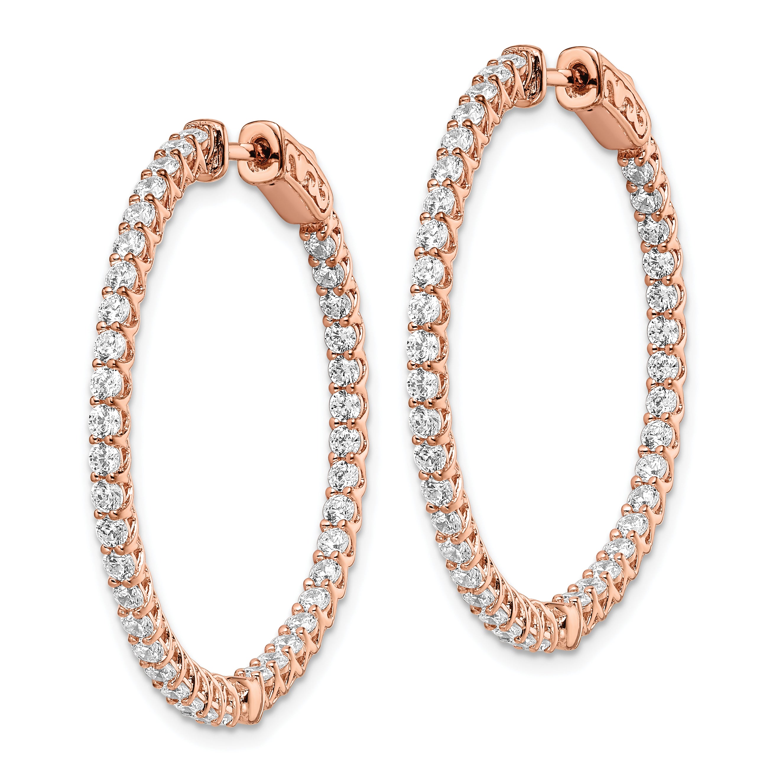 Sterling Shimmer Sterling Silver Rose-tone Flash Rose Gold-plated 78 Stone 2mm CZ In and Out Round Hinged Hoop Earrings