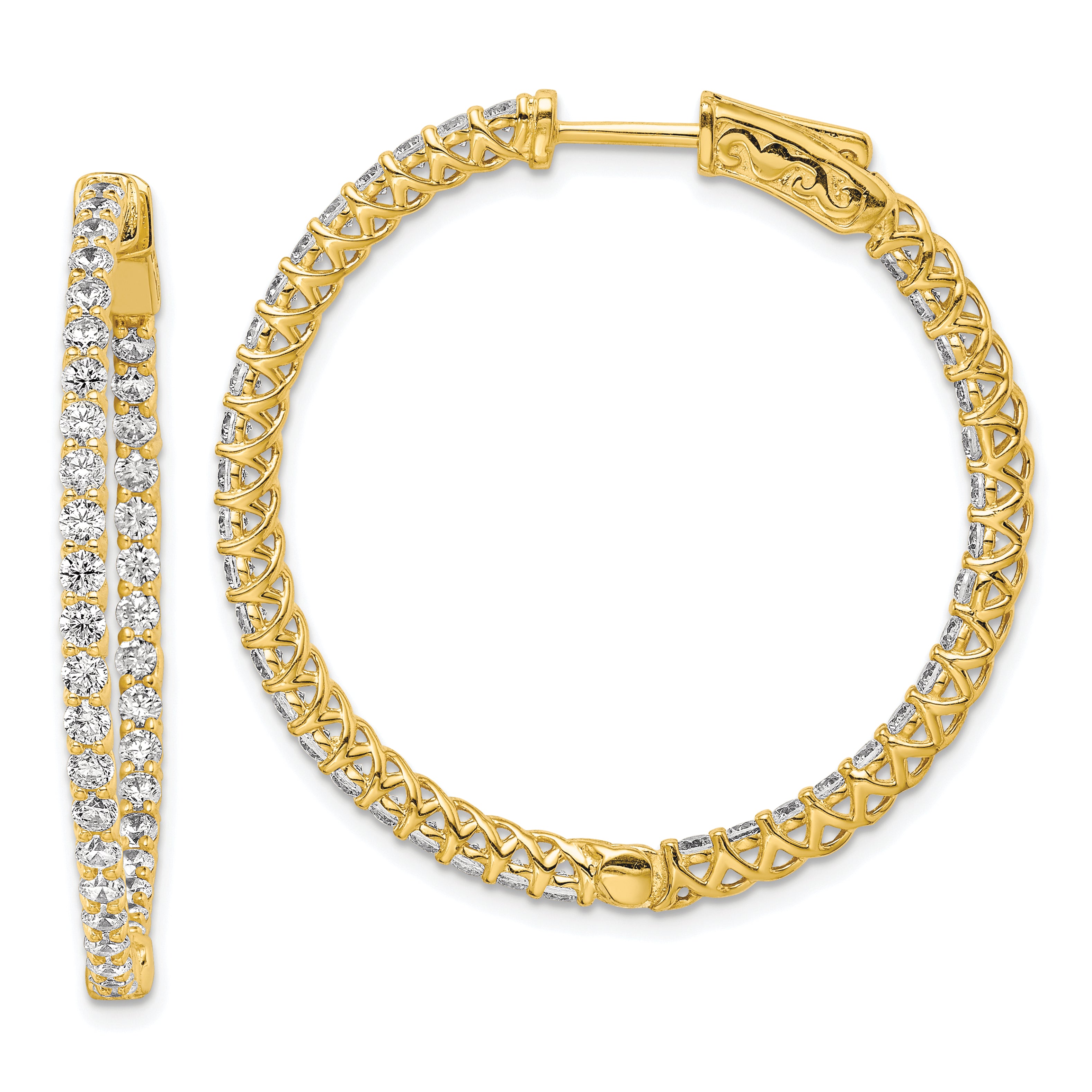 Sterling Shimmer Sterling Silver Gold-tone Flash Gold-plated 78 Stone 2mm CZ In and Out Round Hinged Hoop Earrings