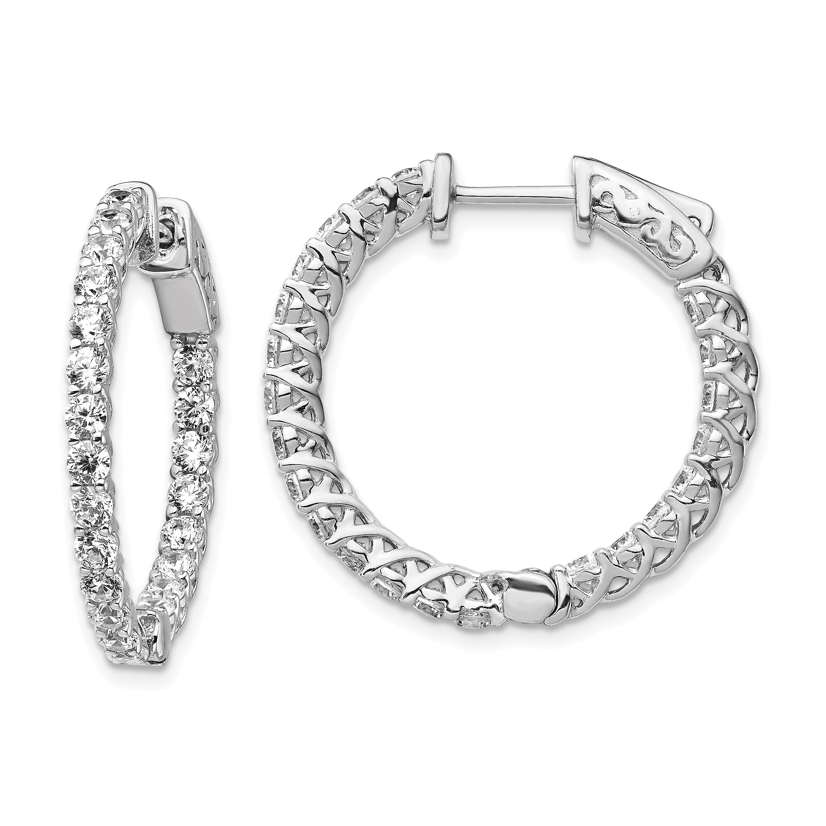 Sterling Shimmer Sterling Silver Rhodium-plated 44 Stone 2.5mm CZ In and Out Round Hinged Hoop Earrings