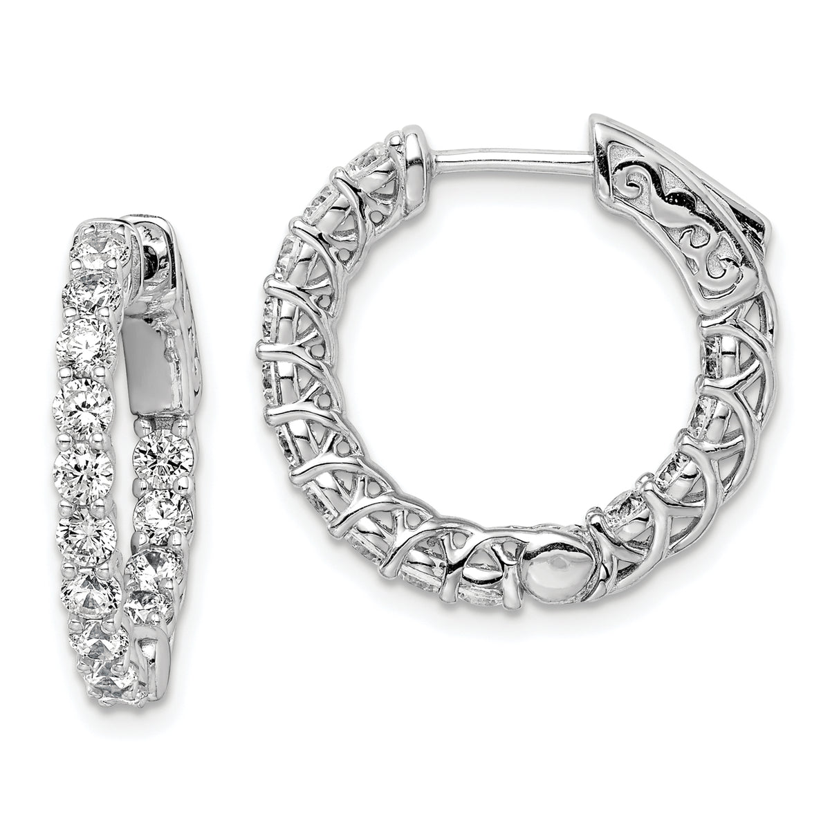 Sterling Shimmer Sterling Silver Rhodium-plated 26 Stone 2.5mm CZ In and Out Round Hinged Hoop Earrings