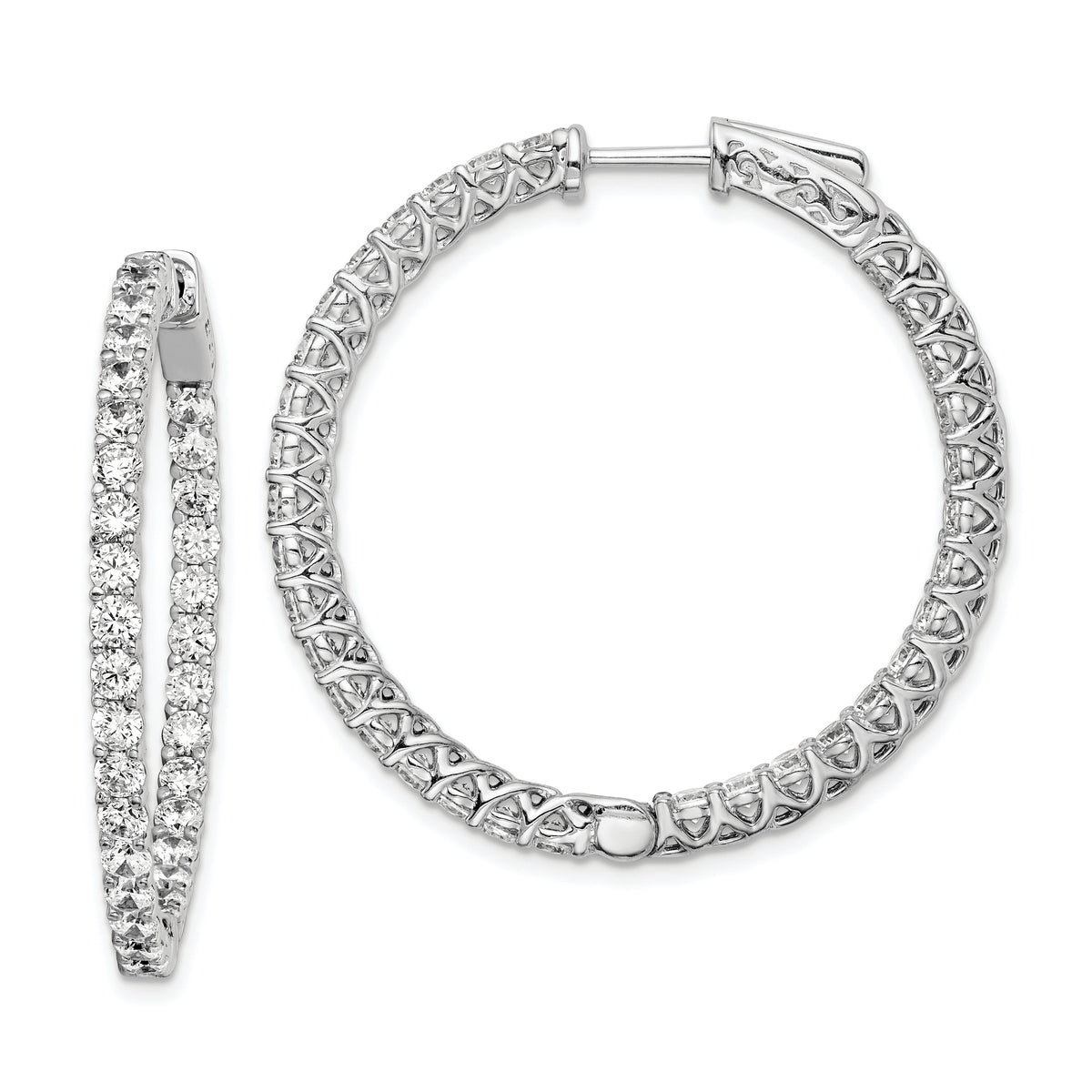 Sterling Shimmer Sterling Silver Rhodium-plated 66 Stone 2.5mm CZ In and Out Round Hinged Hoop Earrings