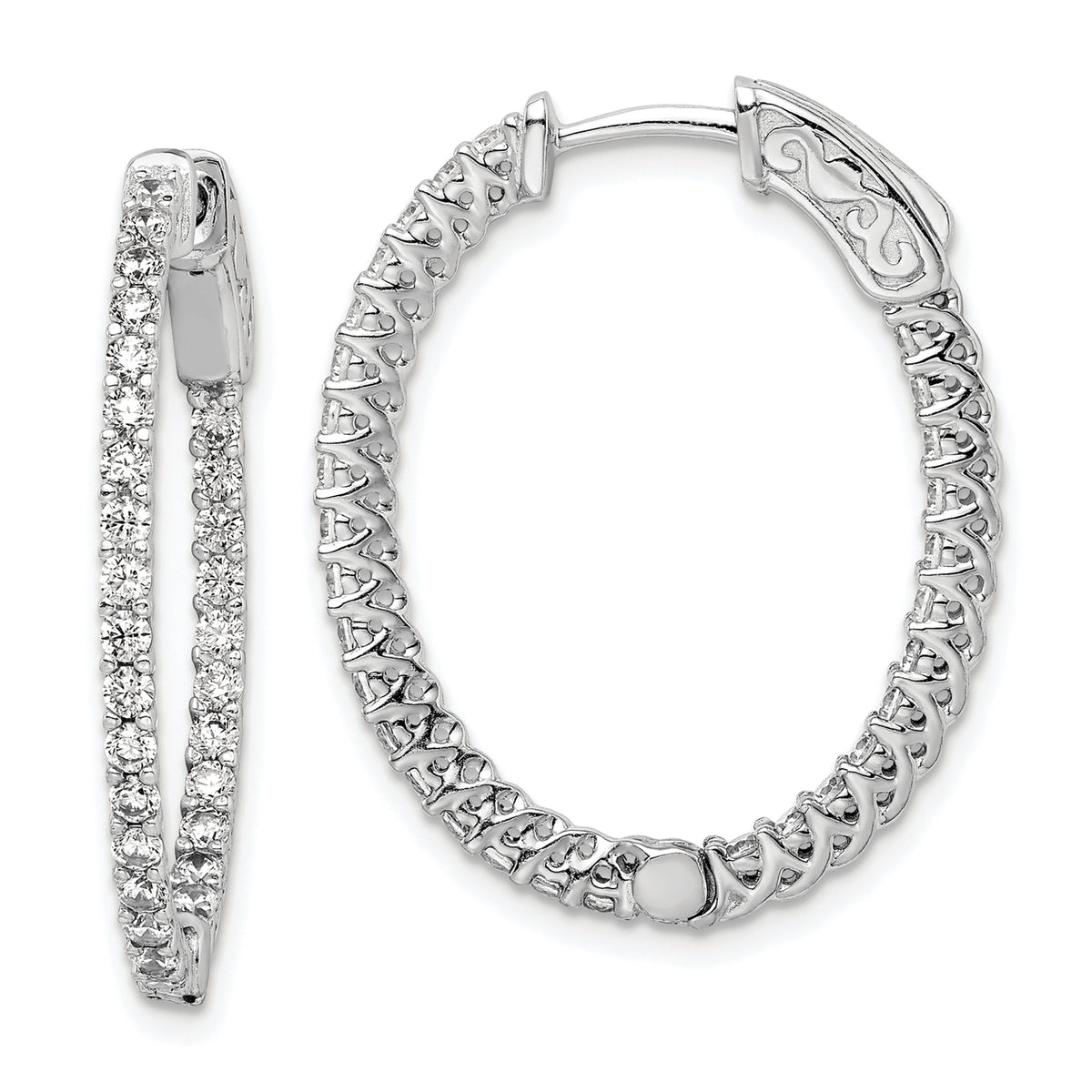 Sterling Shimmer Sterling Silver Rhodium-plated 60 Stone 1.7mm CZ In and Out Oval Hinged Hoop Earrings