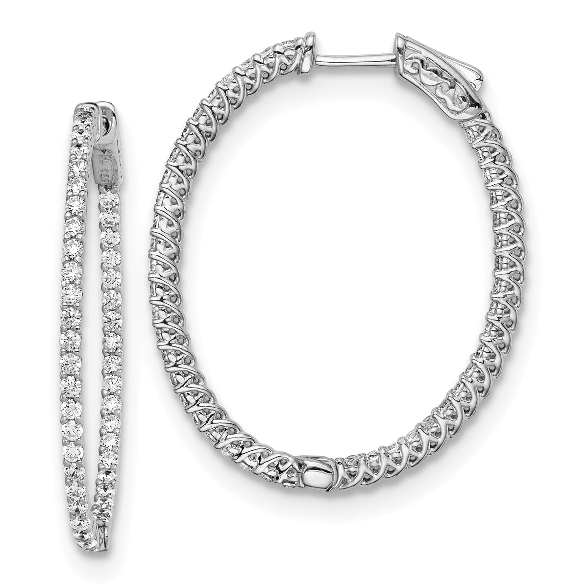 Sterling Shimmer Sterling Silver Rhodium-plated 88 Stone 1.7mm CZ In and Out Oval Hinged Hoop Earrings