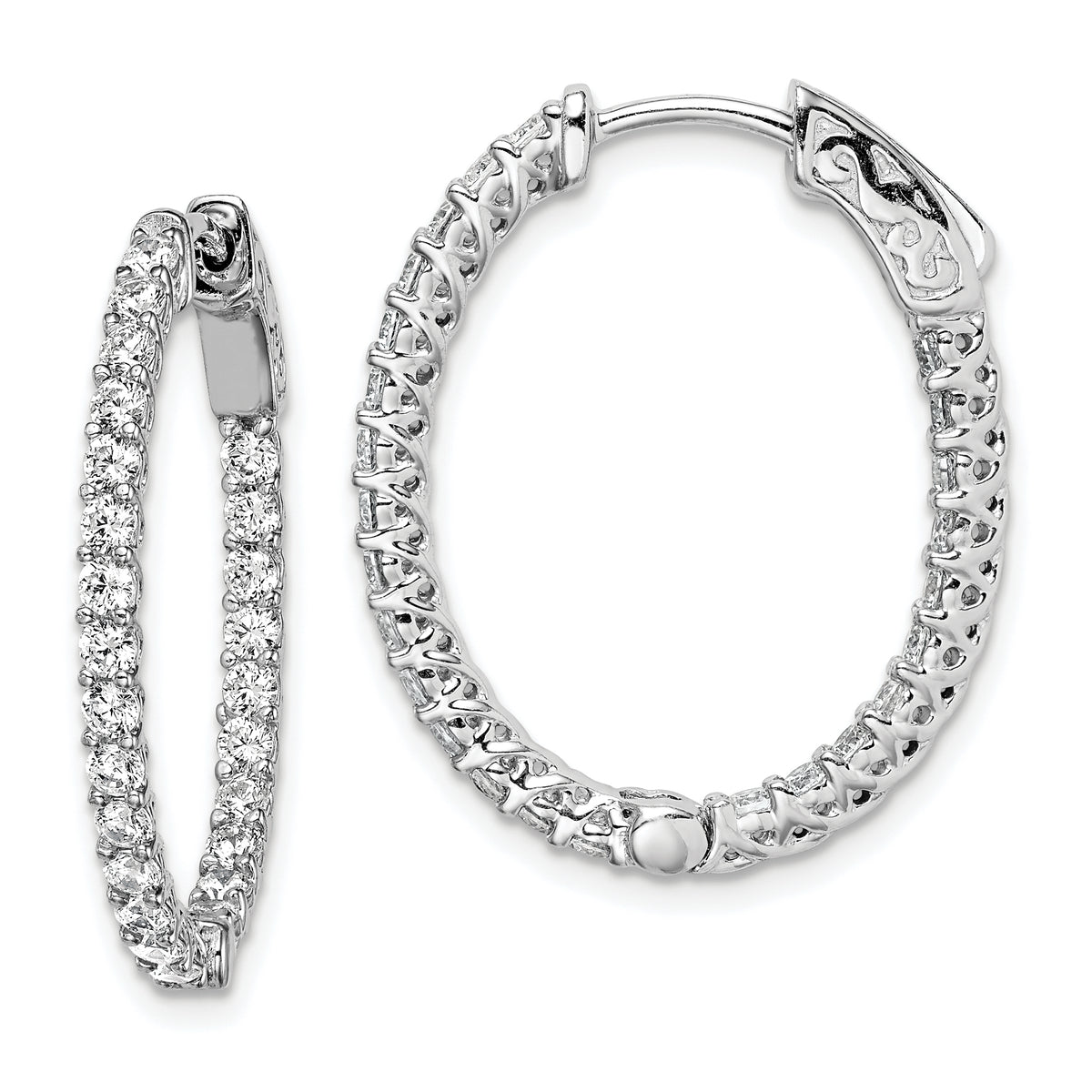 Sterling Shimmer Sterling Silver Rhodium-plated 50 Stone 2mm CZ In and Out Oval Hinged Hoop Earrings