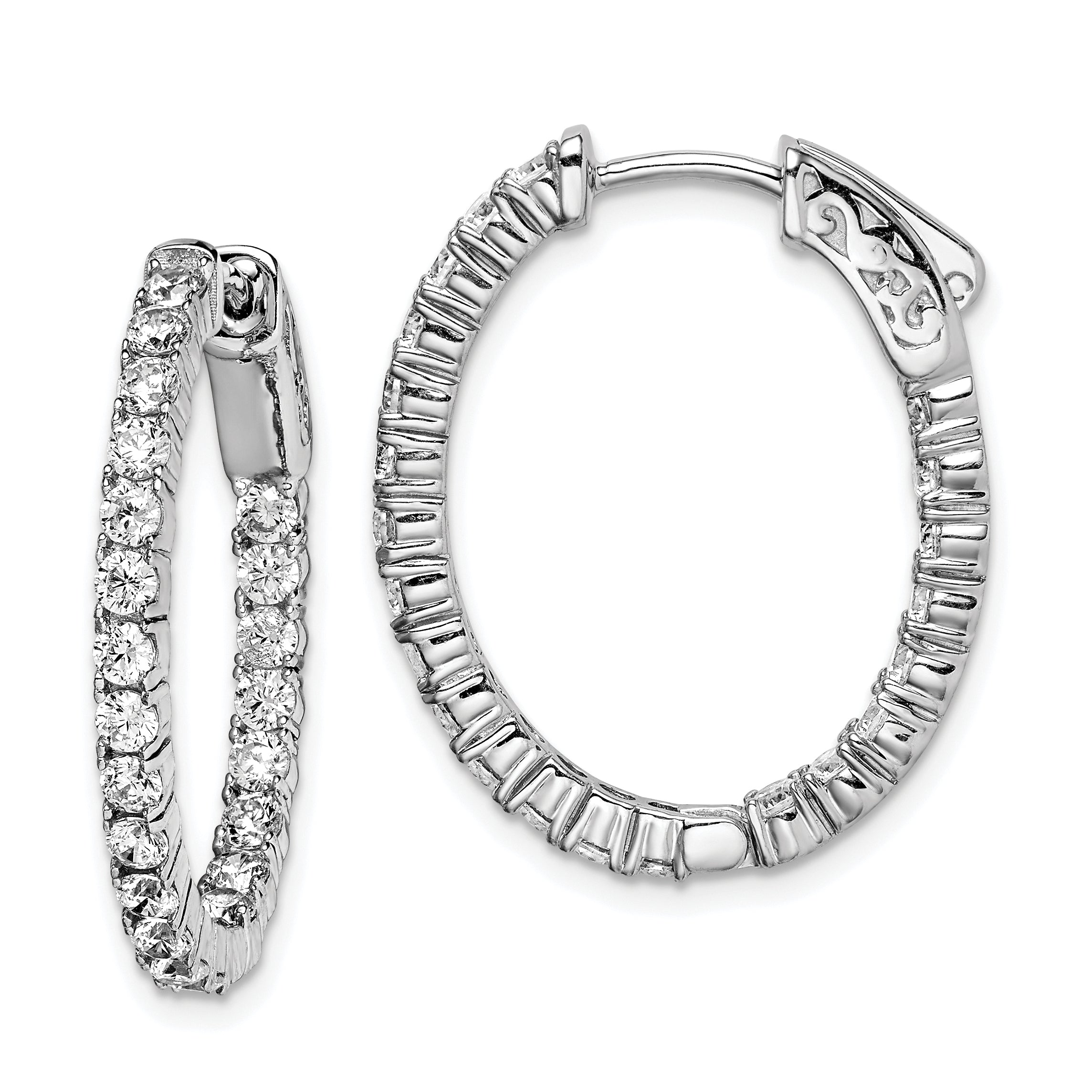 Sterling Shimmer Sterling Silver Rhodium-plated 44 Stone 2.3mm CZ In and Out Oval Hinged Hoop Earrings