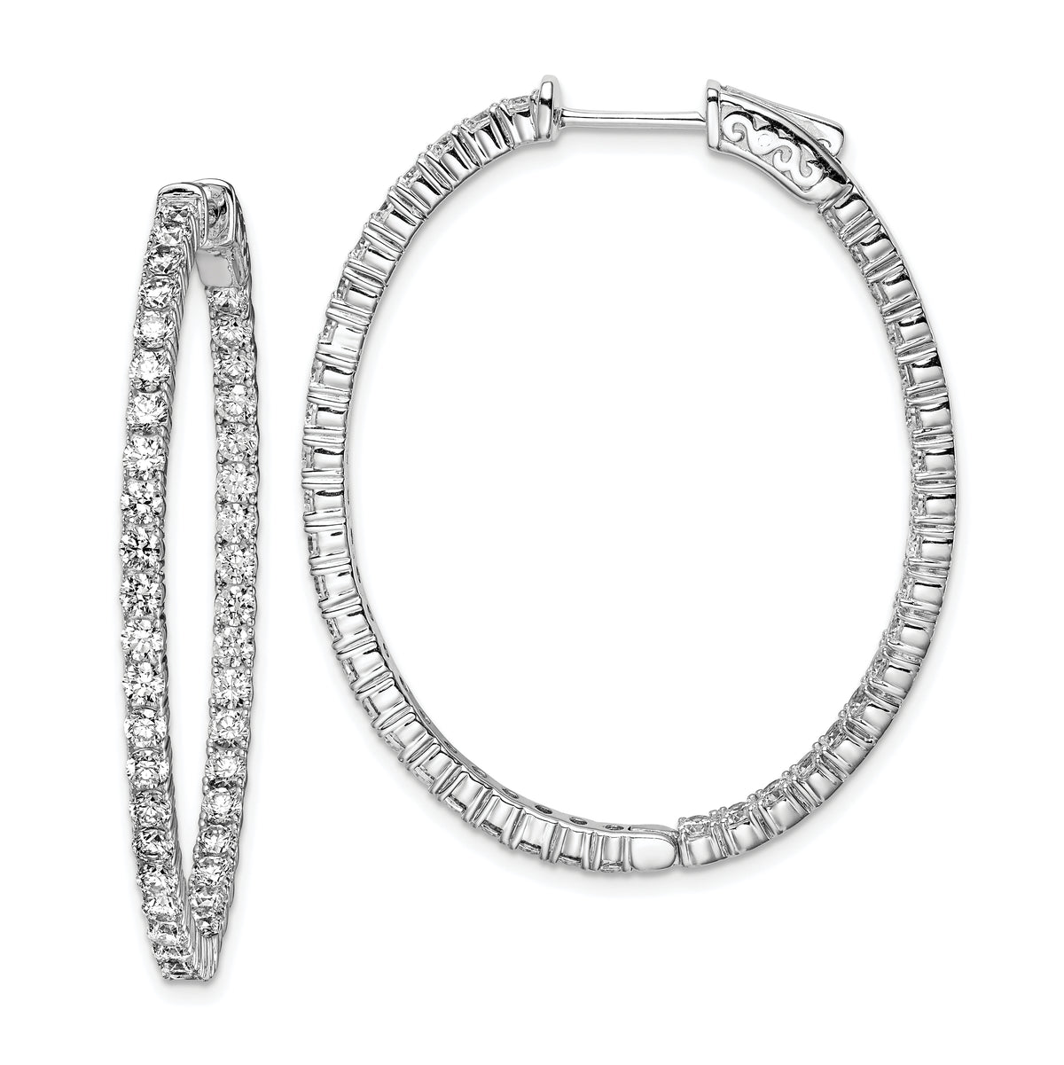 Sterling Shimmer Sterling Silver Rhodium-plated 84 Stone 2.3mm CZ In and Out Oval Hinged Hoop Earrings