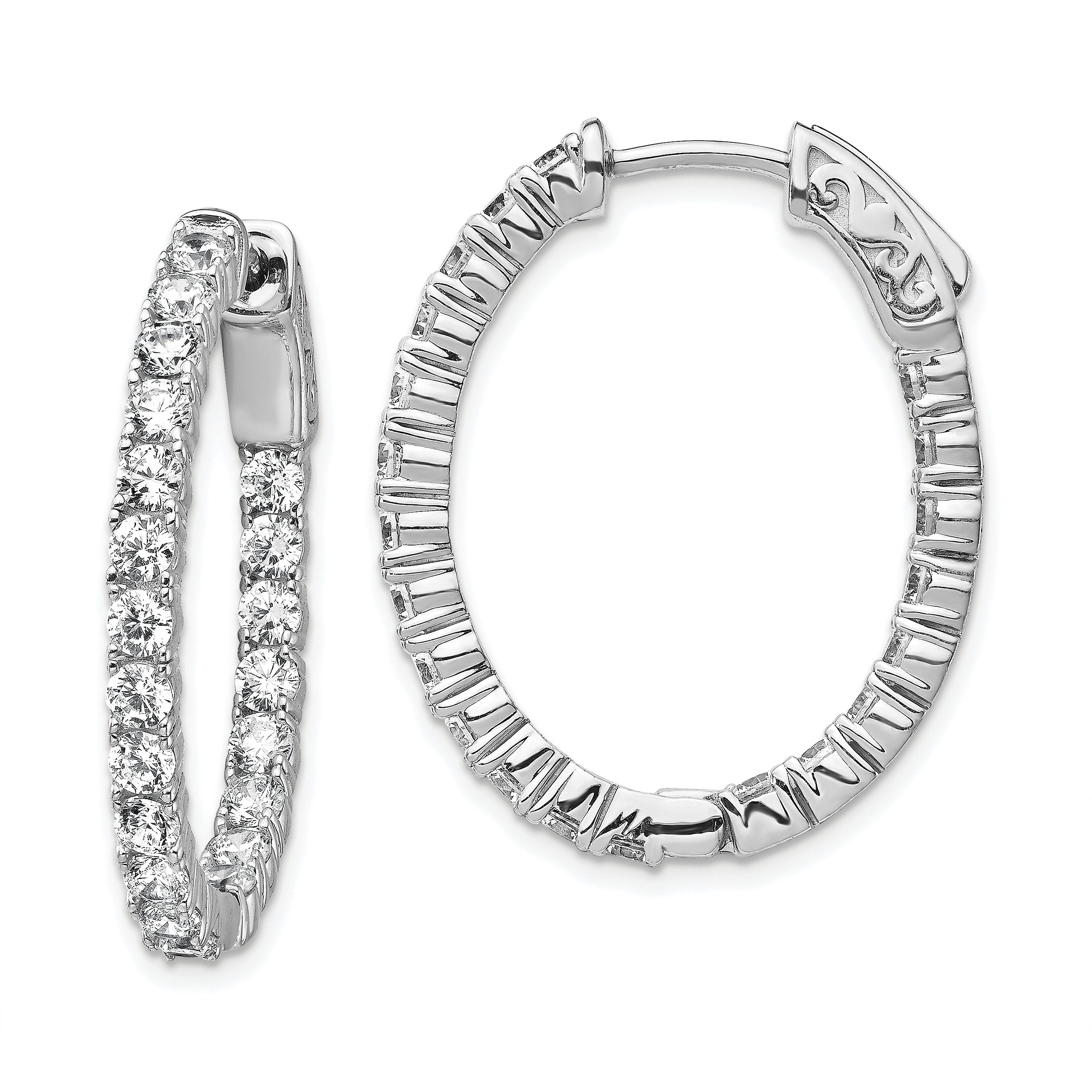 Sterling Shimmer Sterling Silver Rhodium-plated 42 Stone 2.5mm CZ In and Out Oval Hinged Hoop Earrings