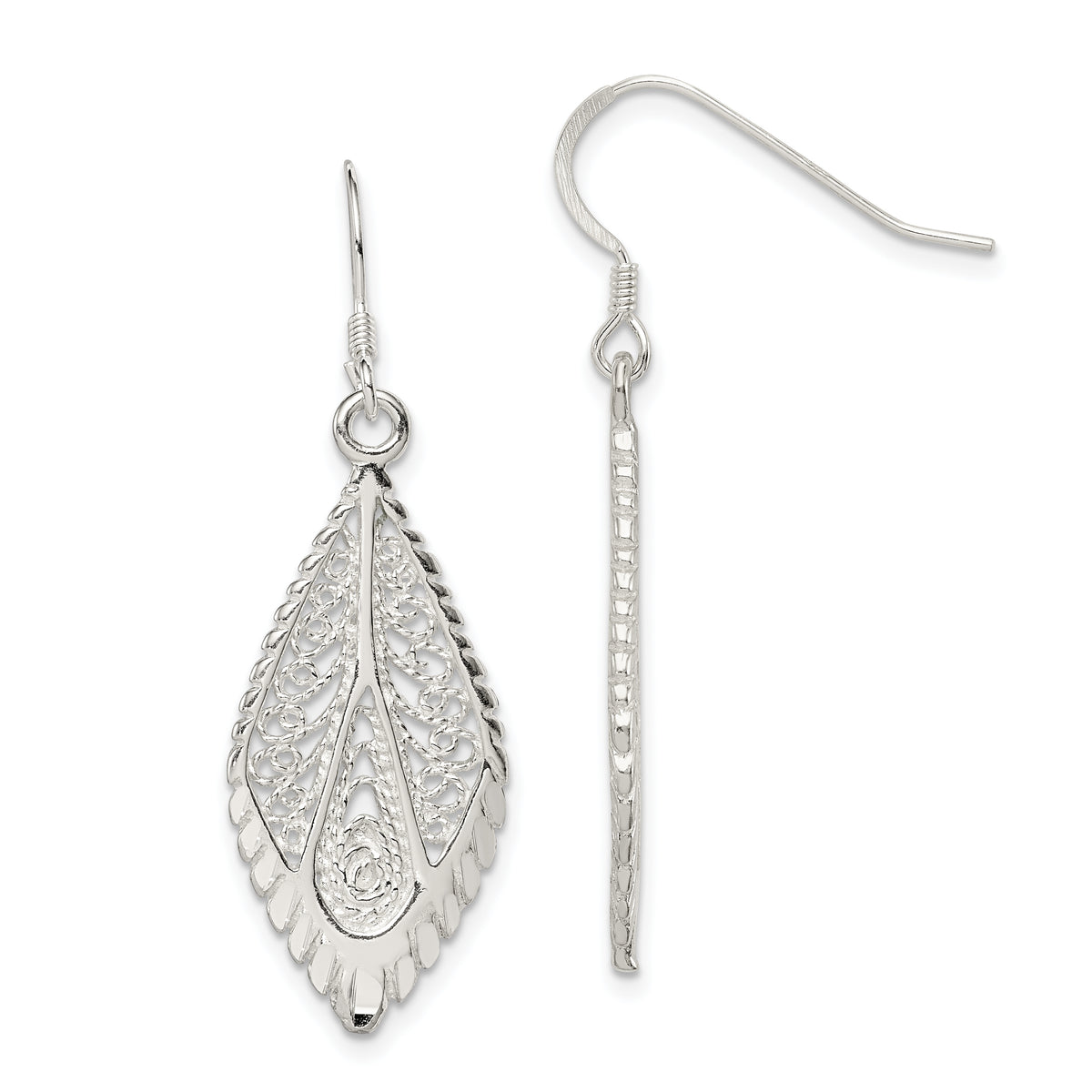 Sterling Silver Polished & D/C Fancy Filigree Teardrop Dangle Earrings