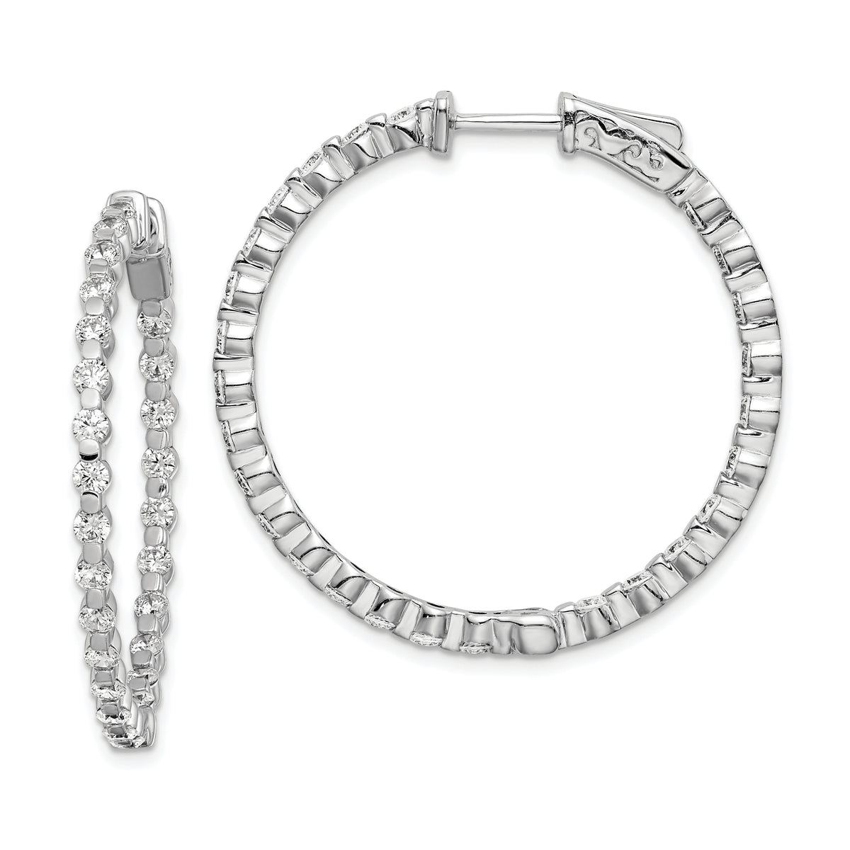 Sterling Shimmer Sterling Silver Rhodium-plated 52 Stone 2.3mm CZ In and Out Round Hinged Hoop Earrings