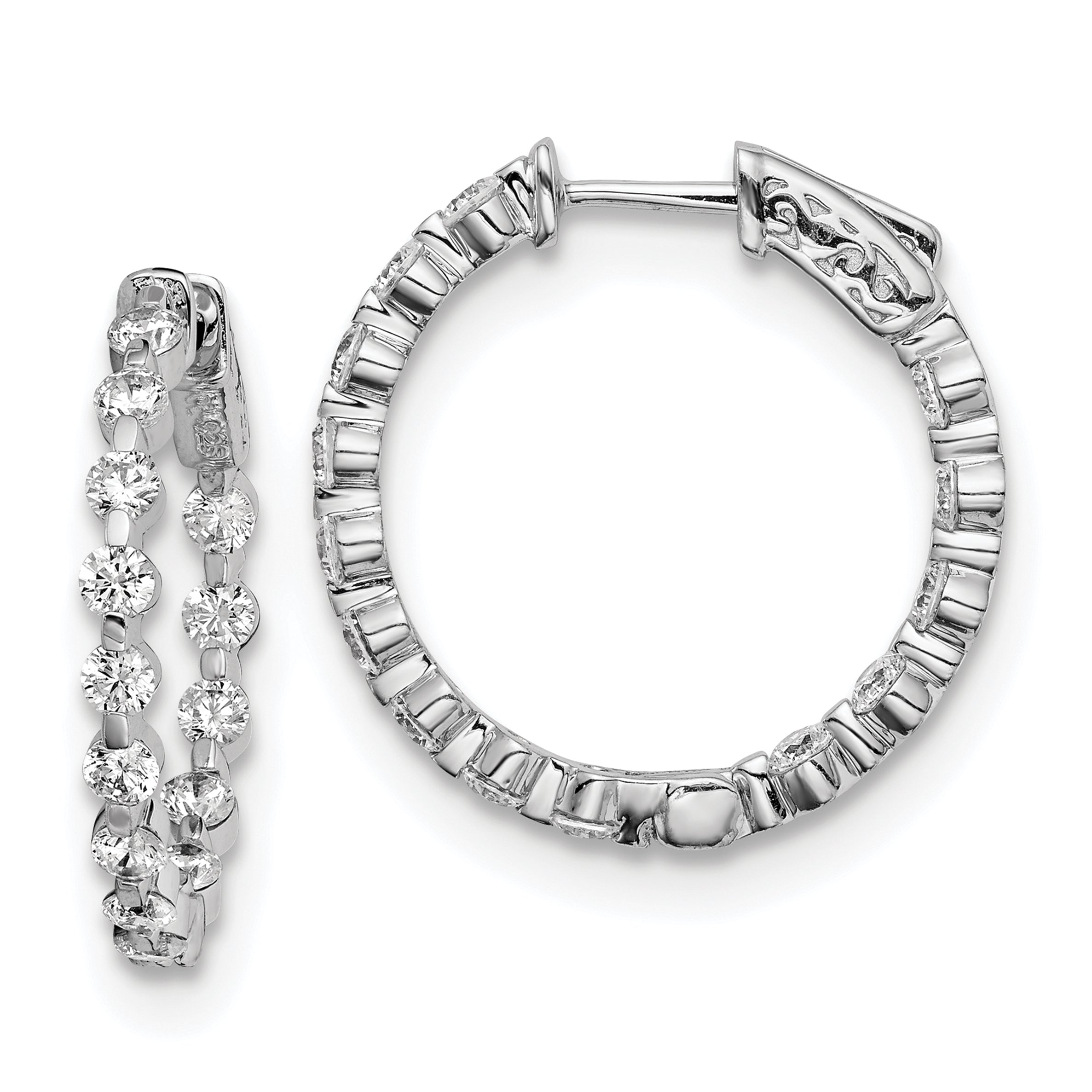 Sterling Shimmer Sterling Silver Rhodium-plated 28 Stone 2.7mm CZ In and Out Round Hinged Hoop Earrings