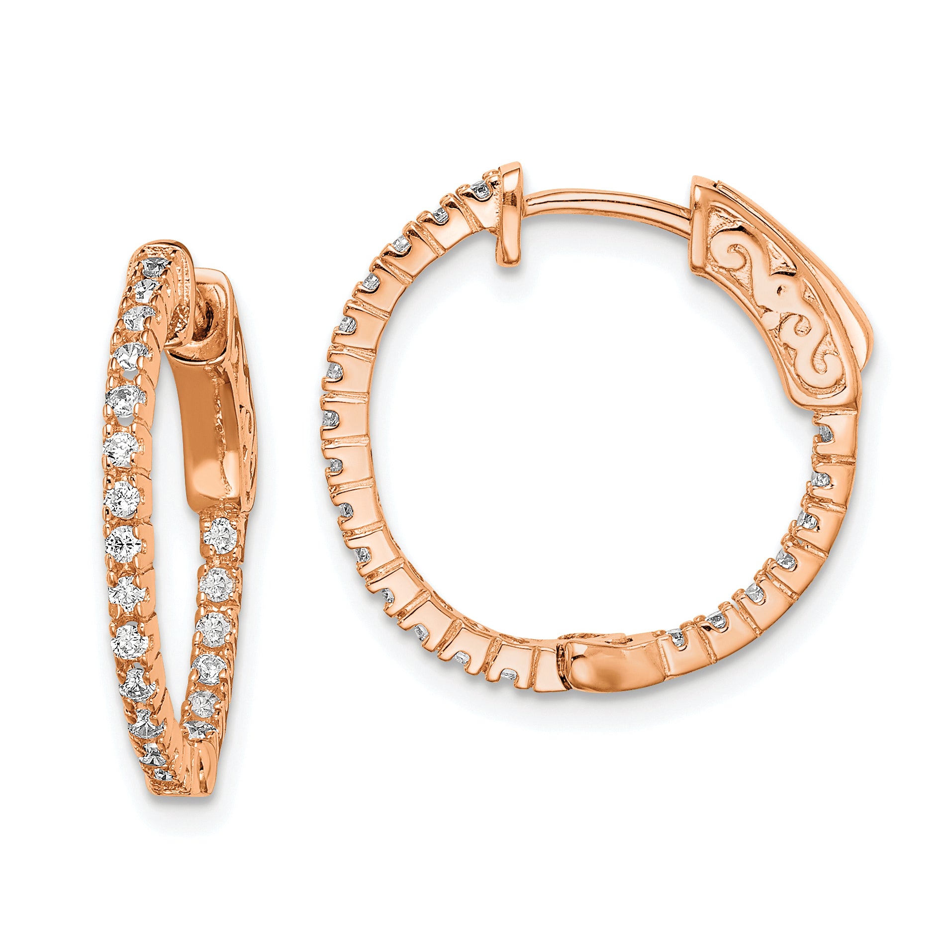 Sterling Shimmer Sterling Silver Rose-tone Rose Gold-plated 40 Stone 1.3mm CZ In and Out Round Hinged Hoop Earrings