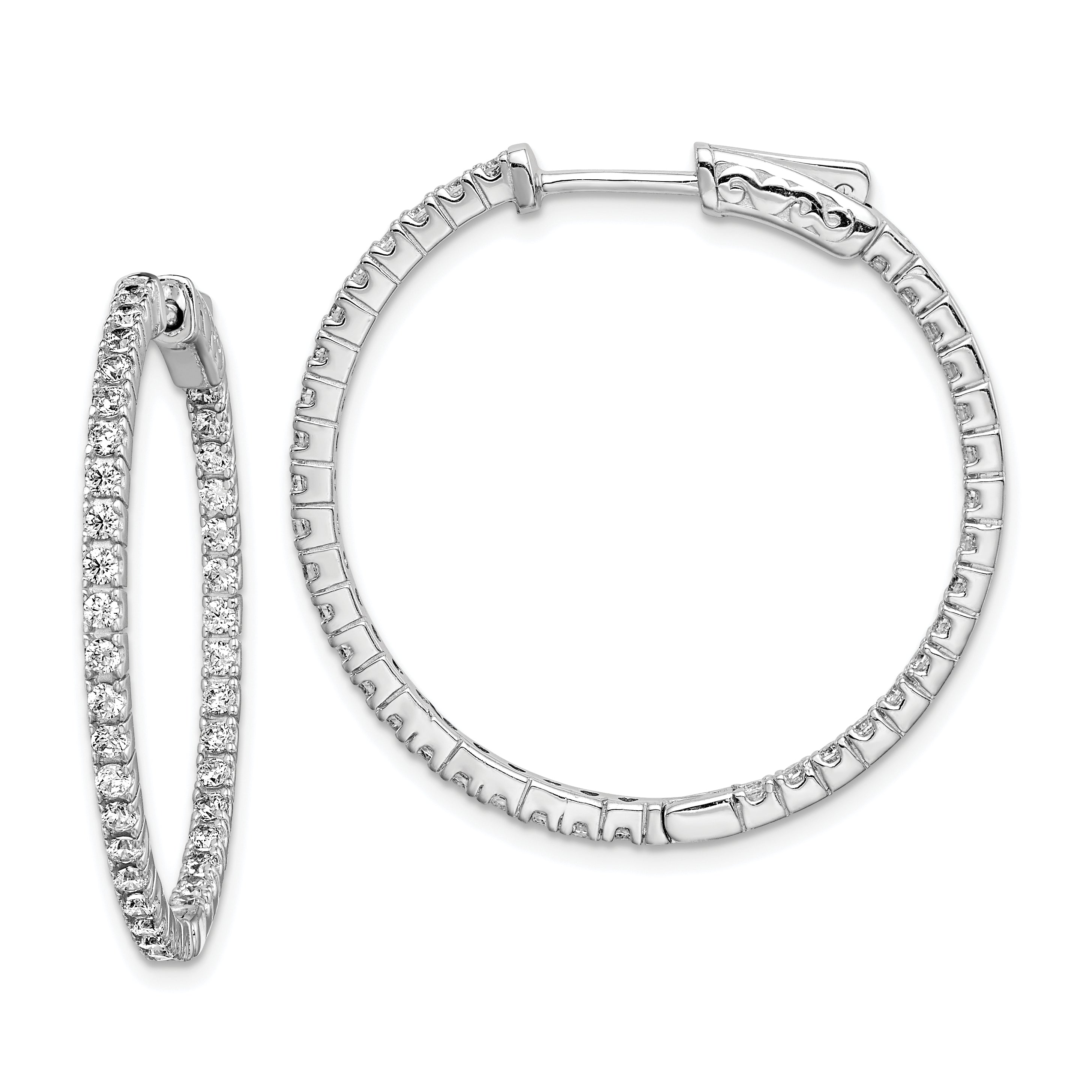 Sterling Shimmer Sterling Silver Rhodium-plated 76 Stone 1.6mm CZ In and Out Round Hinged Hoop Earrings