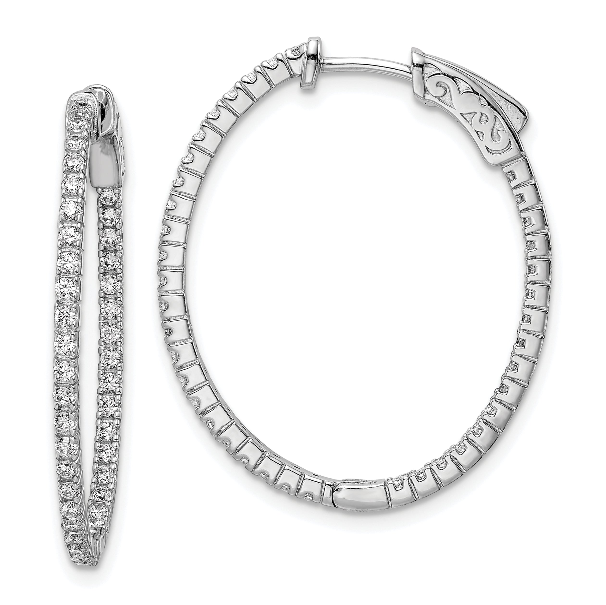 Sterling Shimmer Sterling Silver Rhodium-plated 78 Stone 1.3mm CZ In and Out Oval Hinged Hoop Earrings