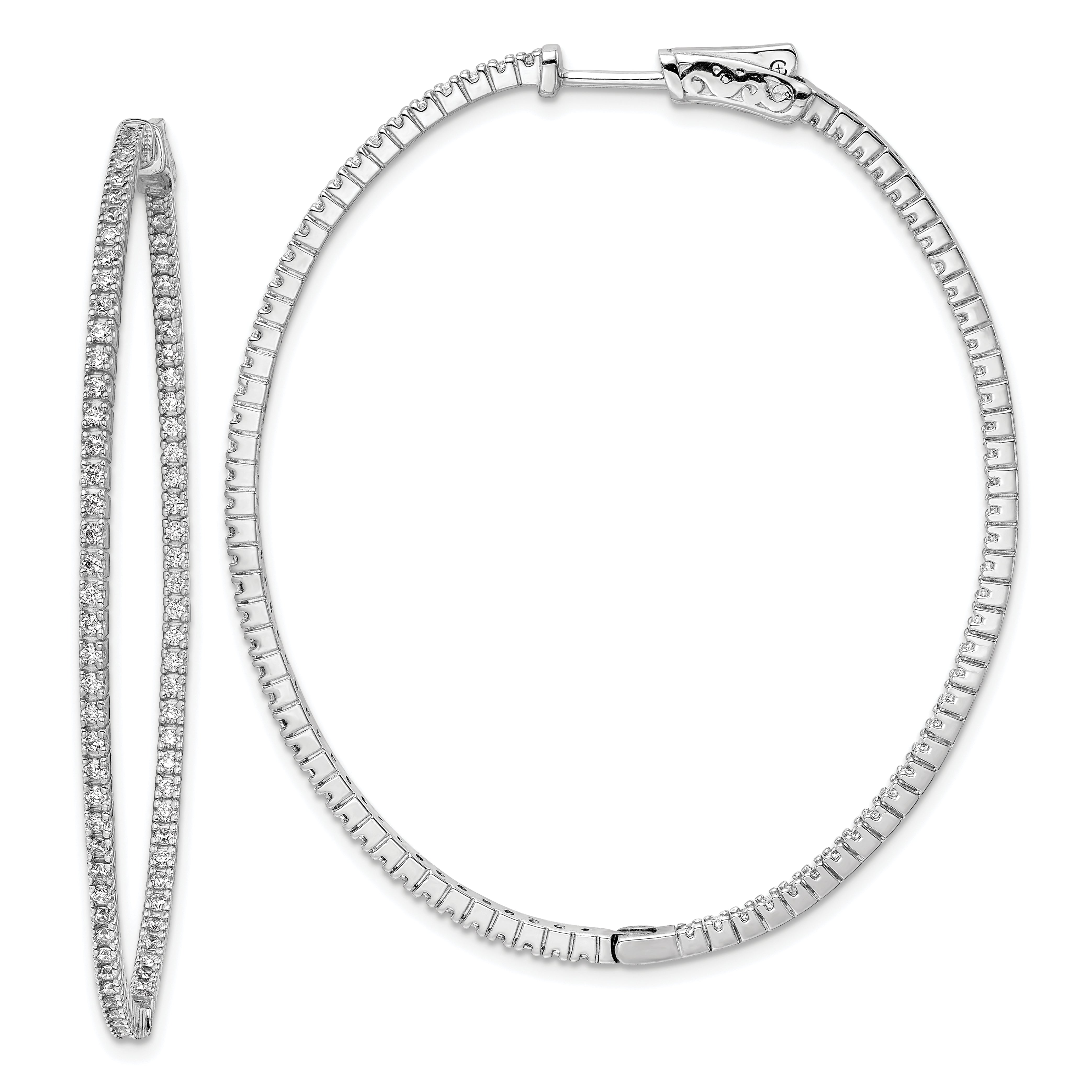 Sterling Shimmer Sterling Silver Rhodium-plated 160 Stone 1.3mm CZ In and Out Oval Hinged Hoop Earrings