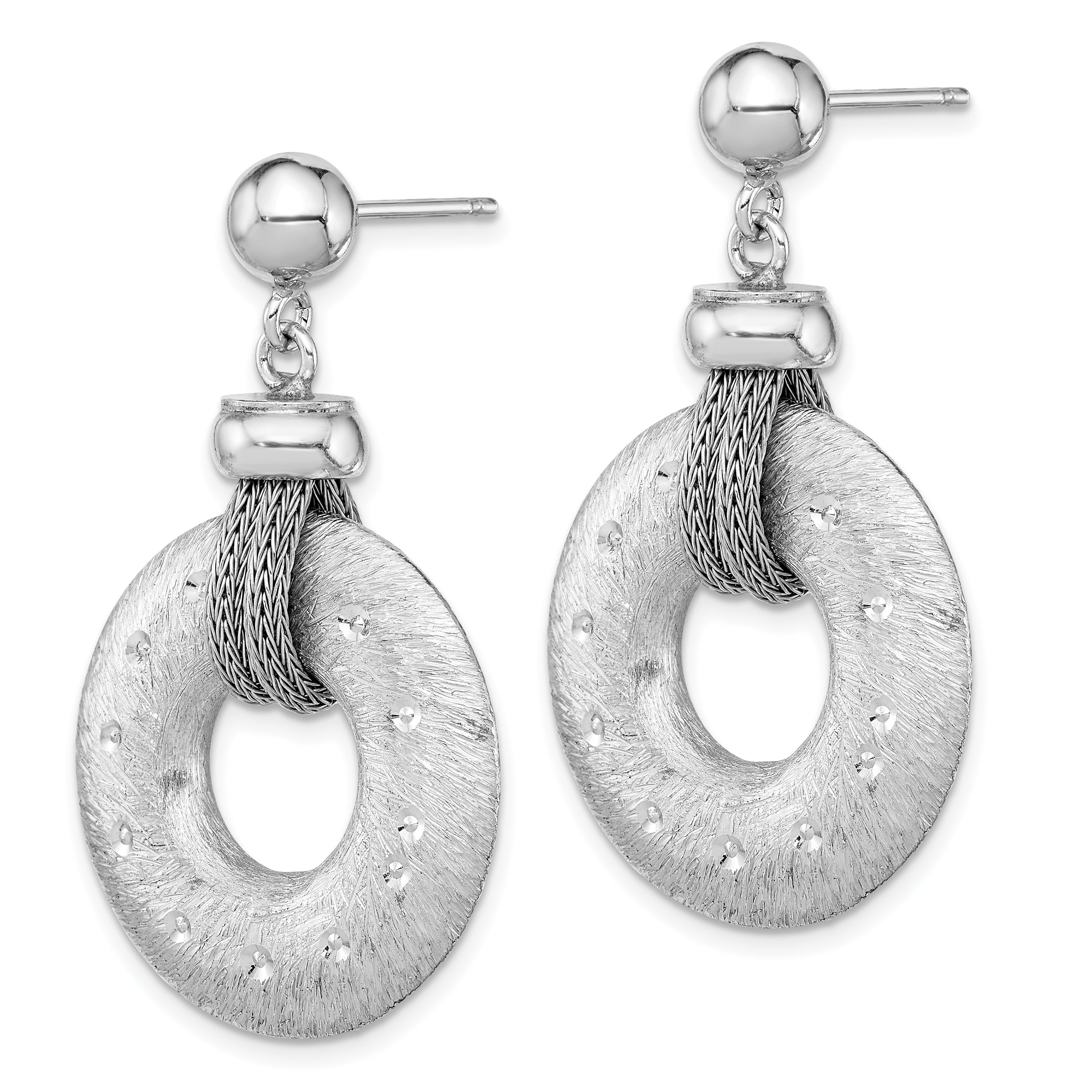 Sterling Silver Rhod-plated Polished Brushed & D/C Circle Post Dangle Earri