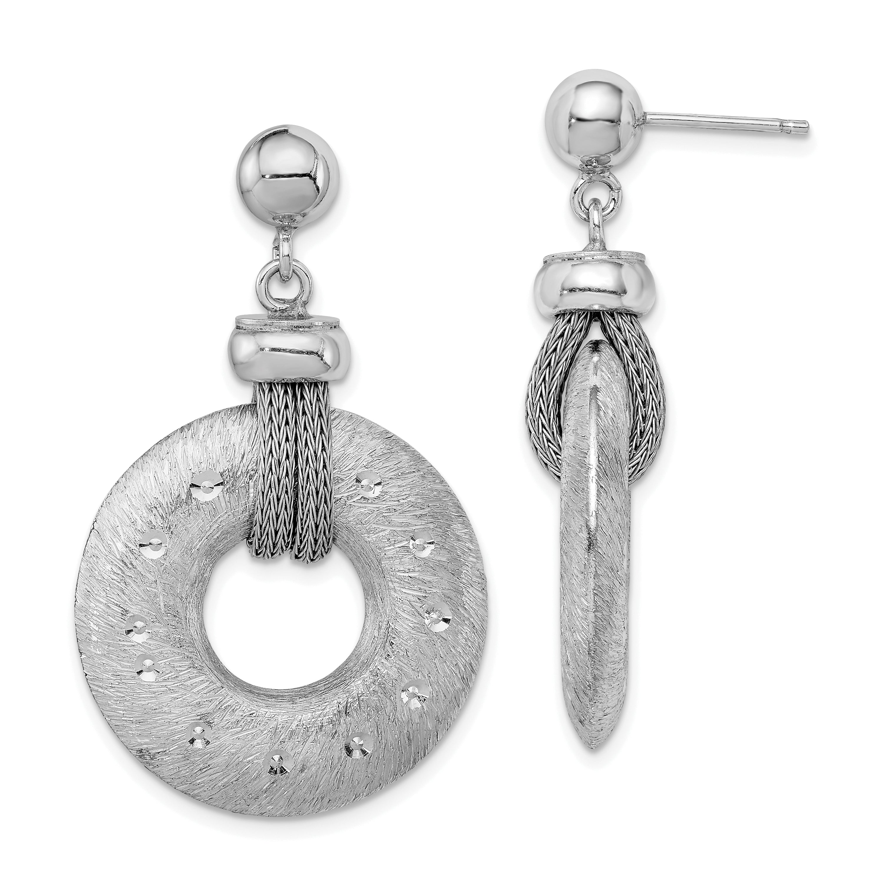 Sterling Silver Rhod-plated Polished Brushed & D/C Circle Post Dangle Earri