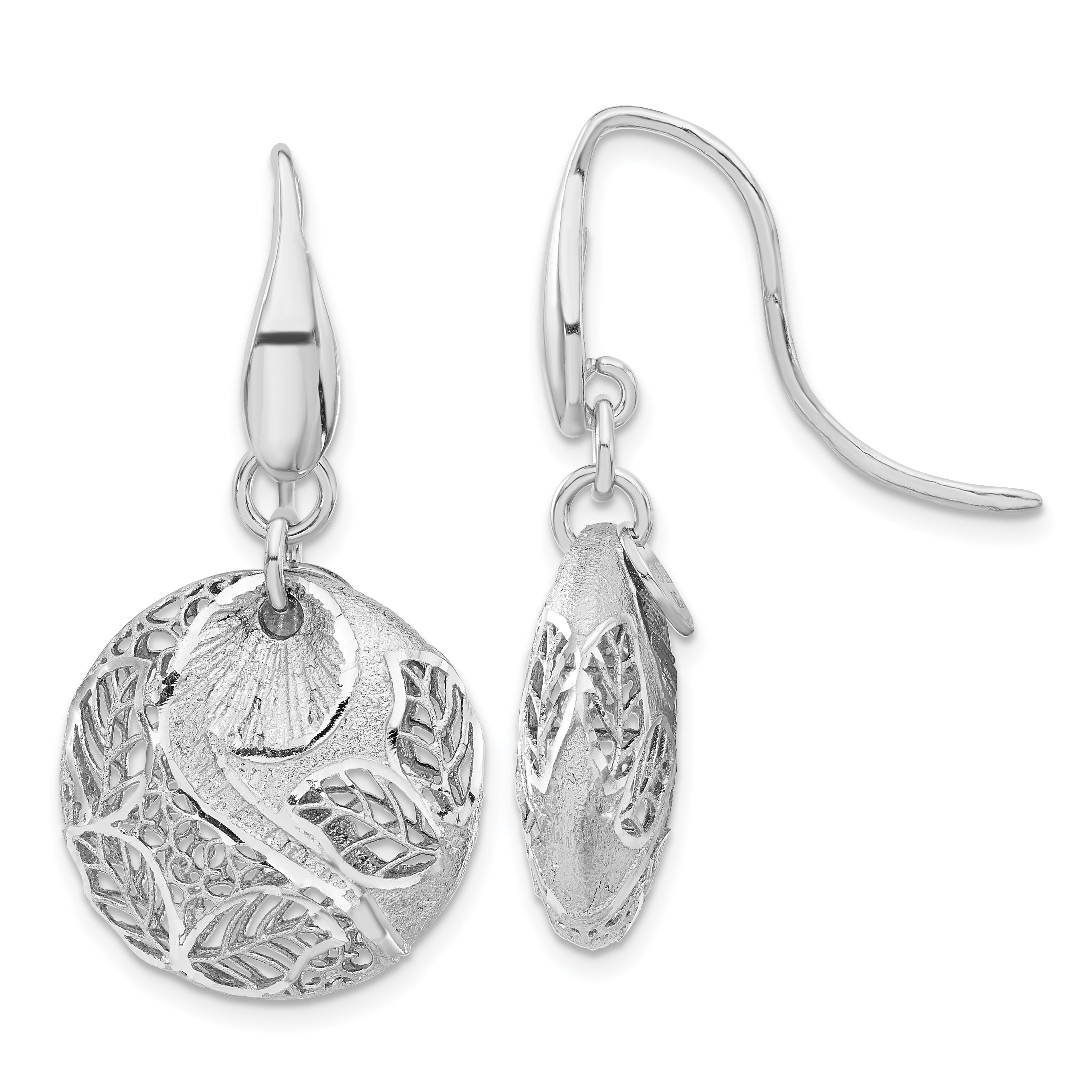 Sterling Silver Rhodium Plated Textured Leaf Circle Dangle Earrings