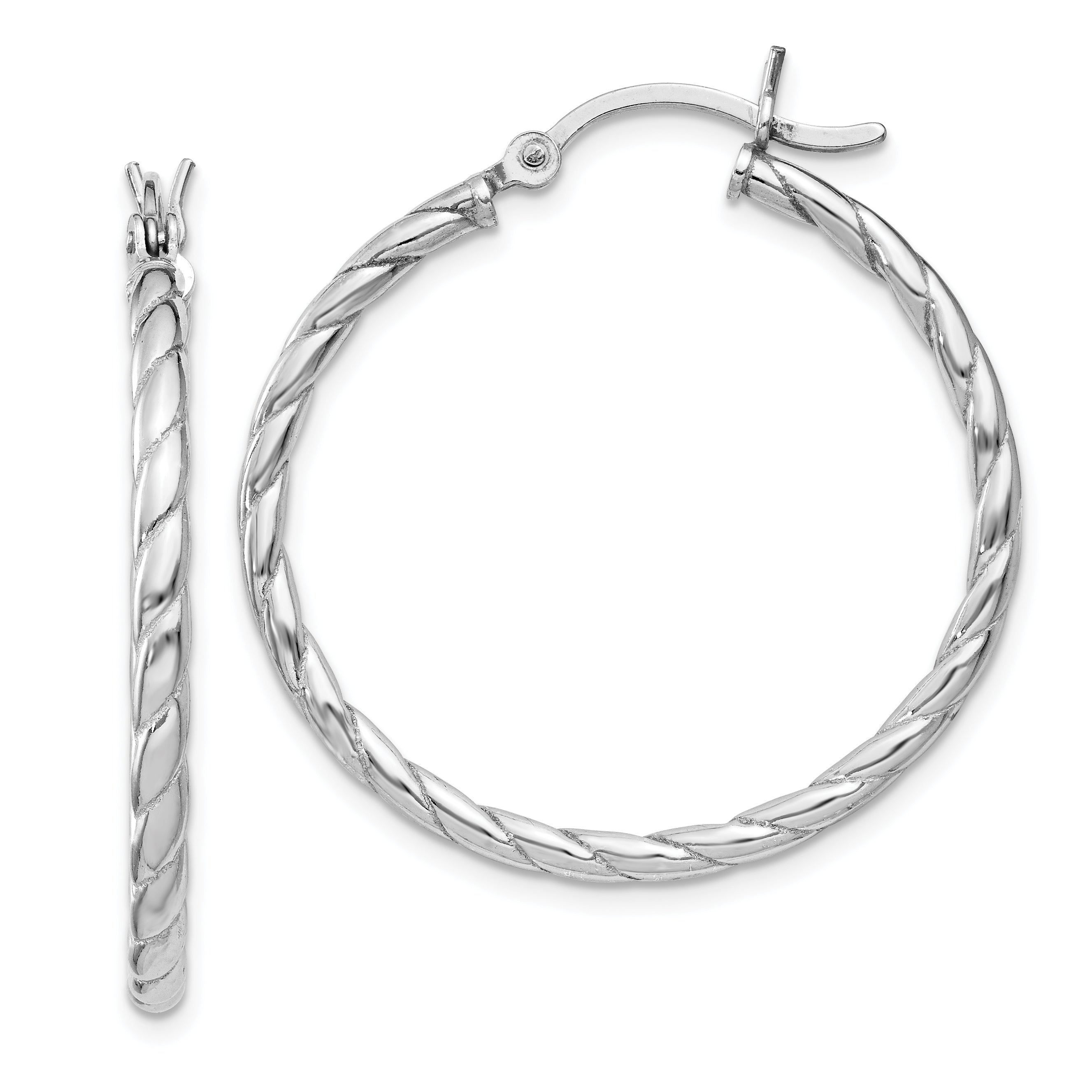 Sterling Silver Rhodium Plated 2x30mm Twisted Hoop Earrings