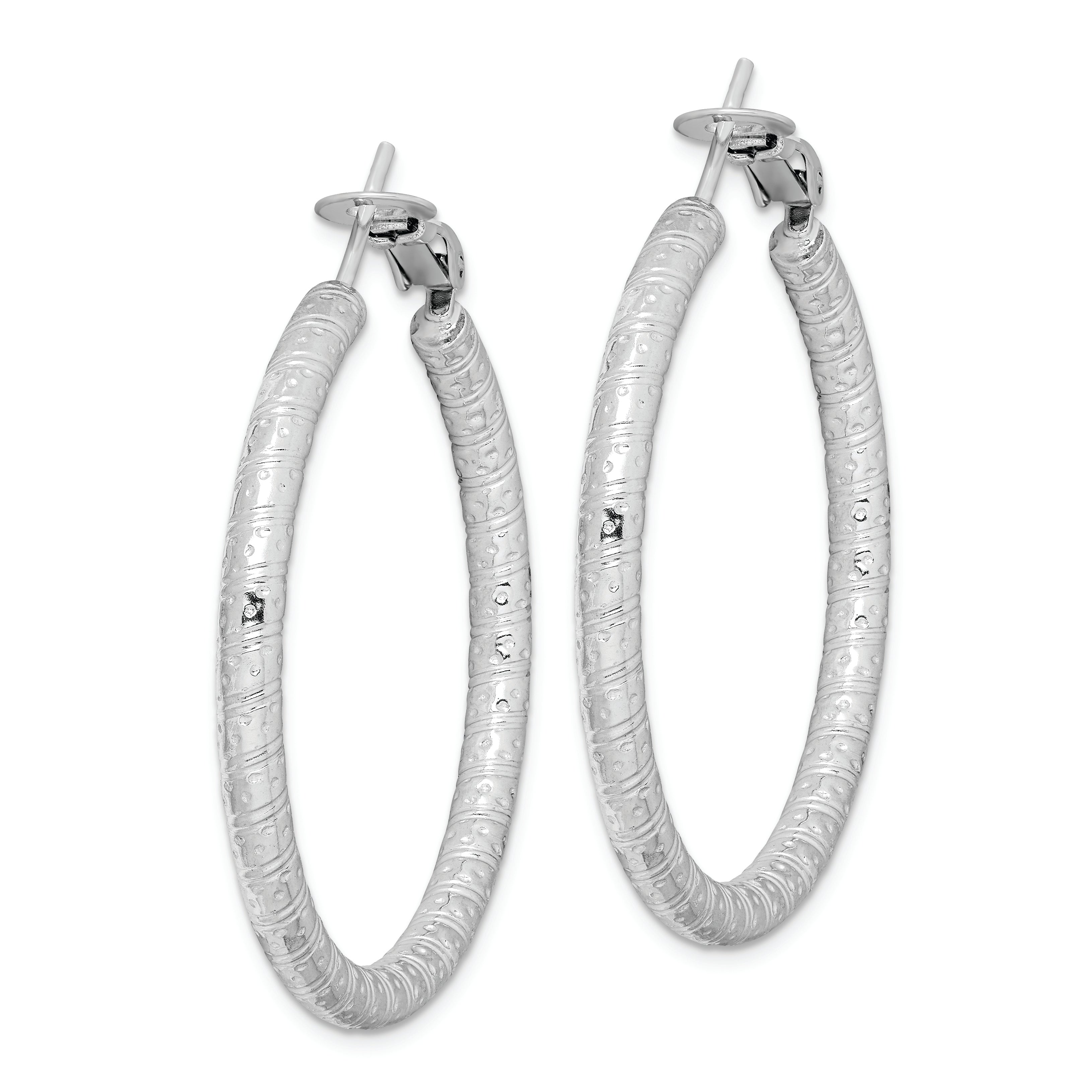 Sterling Silver Rhod-plated 3.25x40mm Omega Back Hoop Earrings