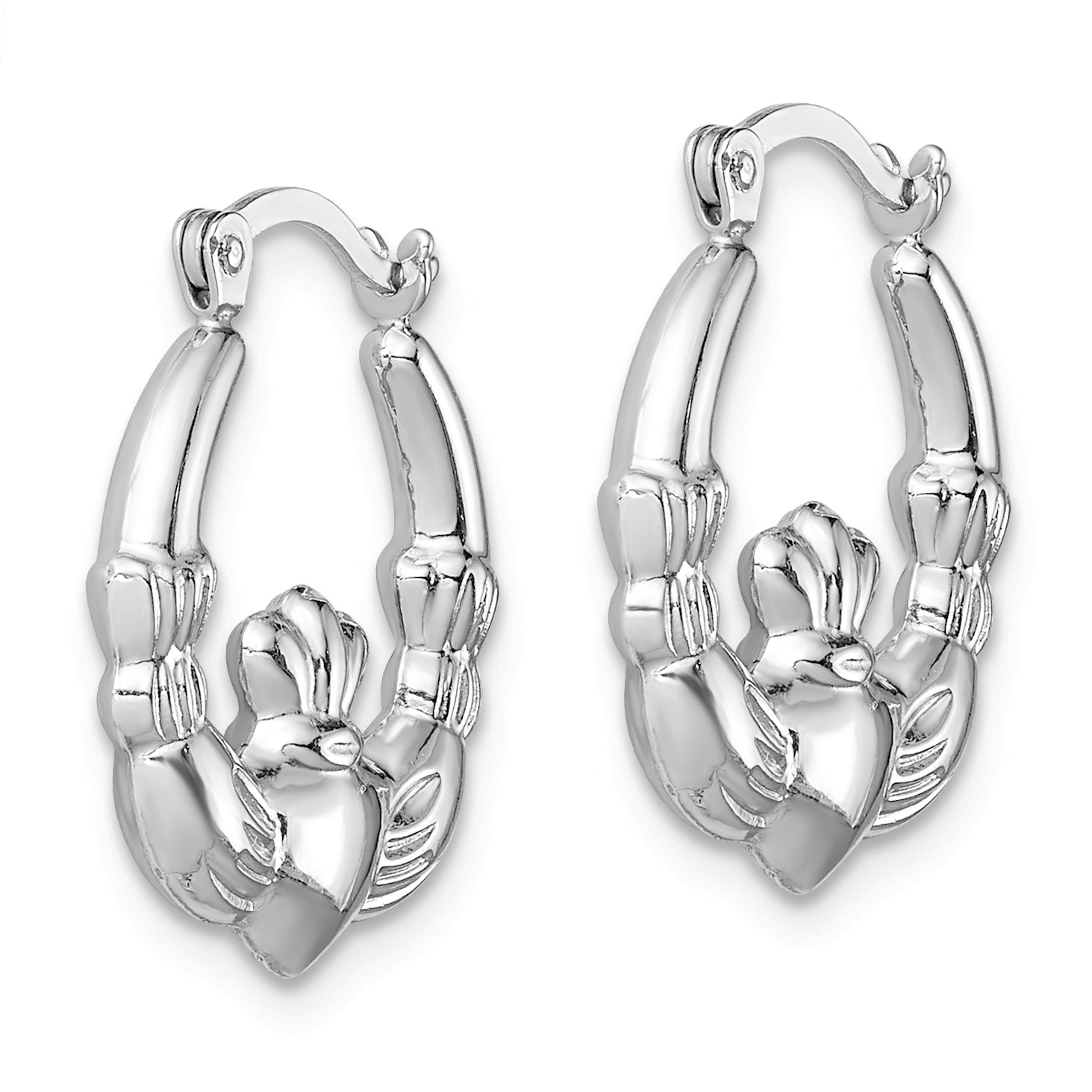 Sterling Silver Rhodium-lated Claddagh Hollow Round Hoop Earrings