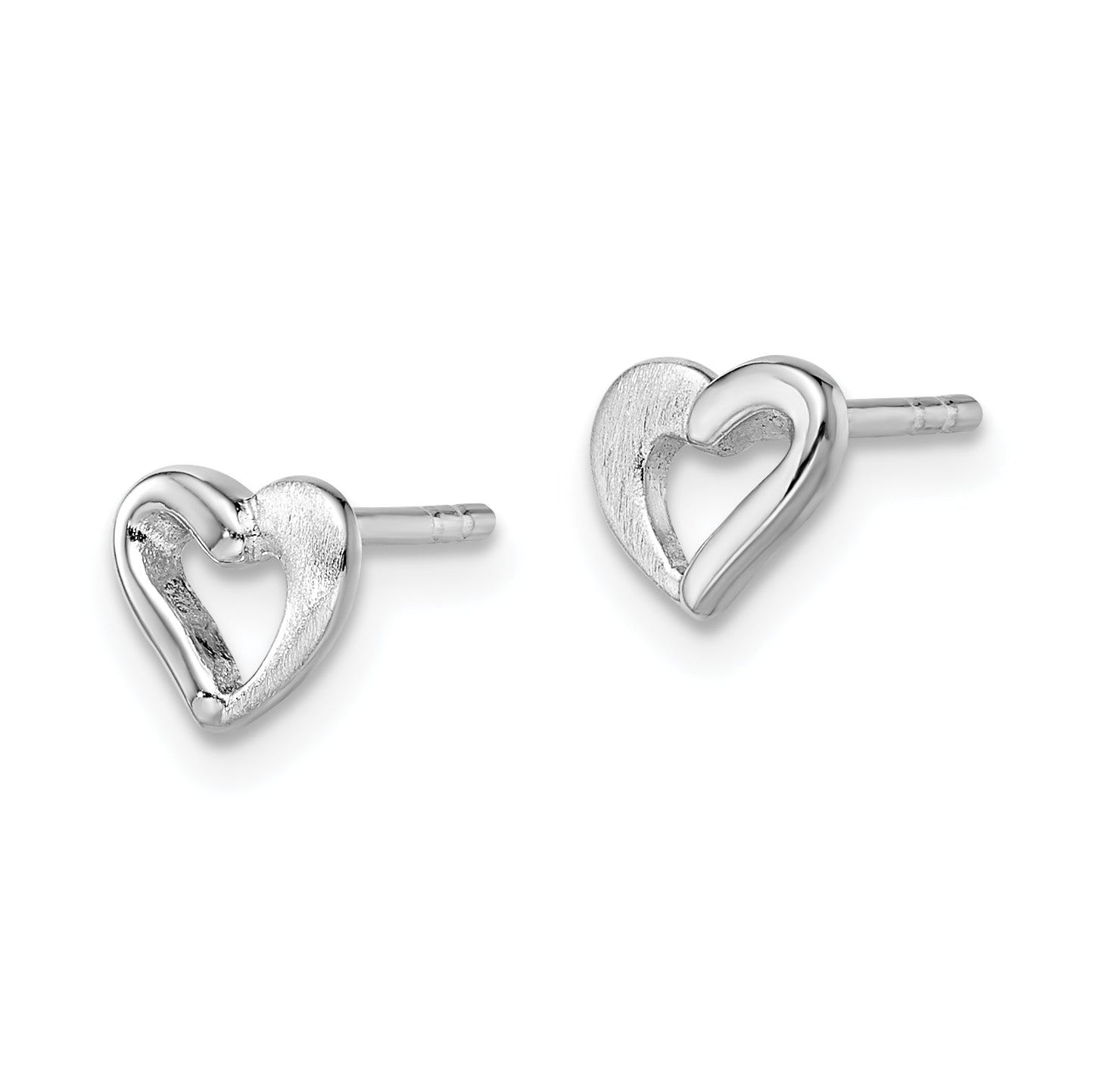 Sterling Silver RH-plated Polished & Brushed Open Heart Children's Post Earrings