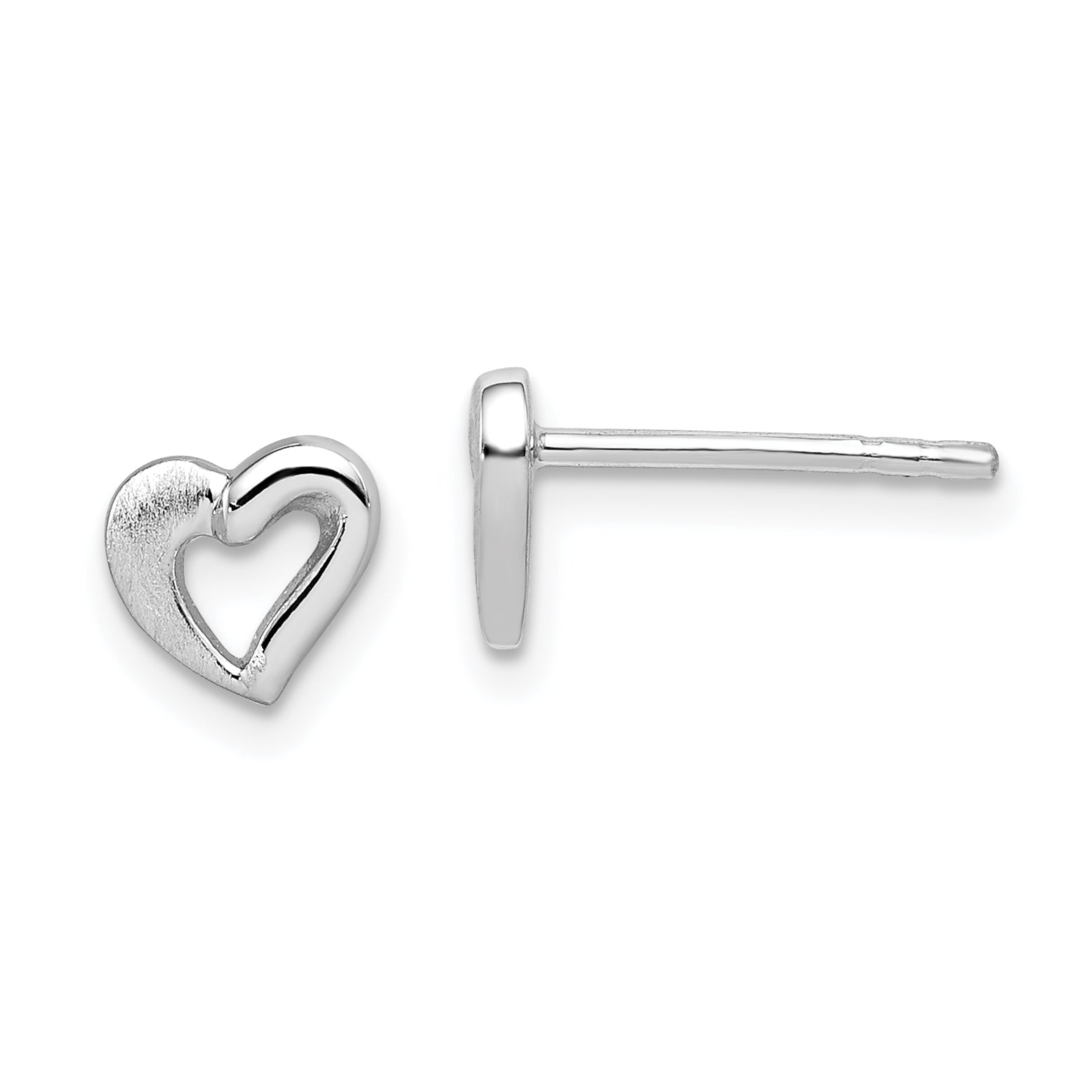 Sterling Silver RH-plated Polished & Brushed Open Heart Children's Post Earrings