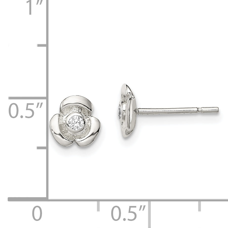 Sterling Silver Polished Flower with CZ Children's Post Earrings