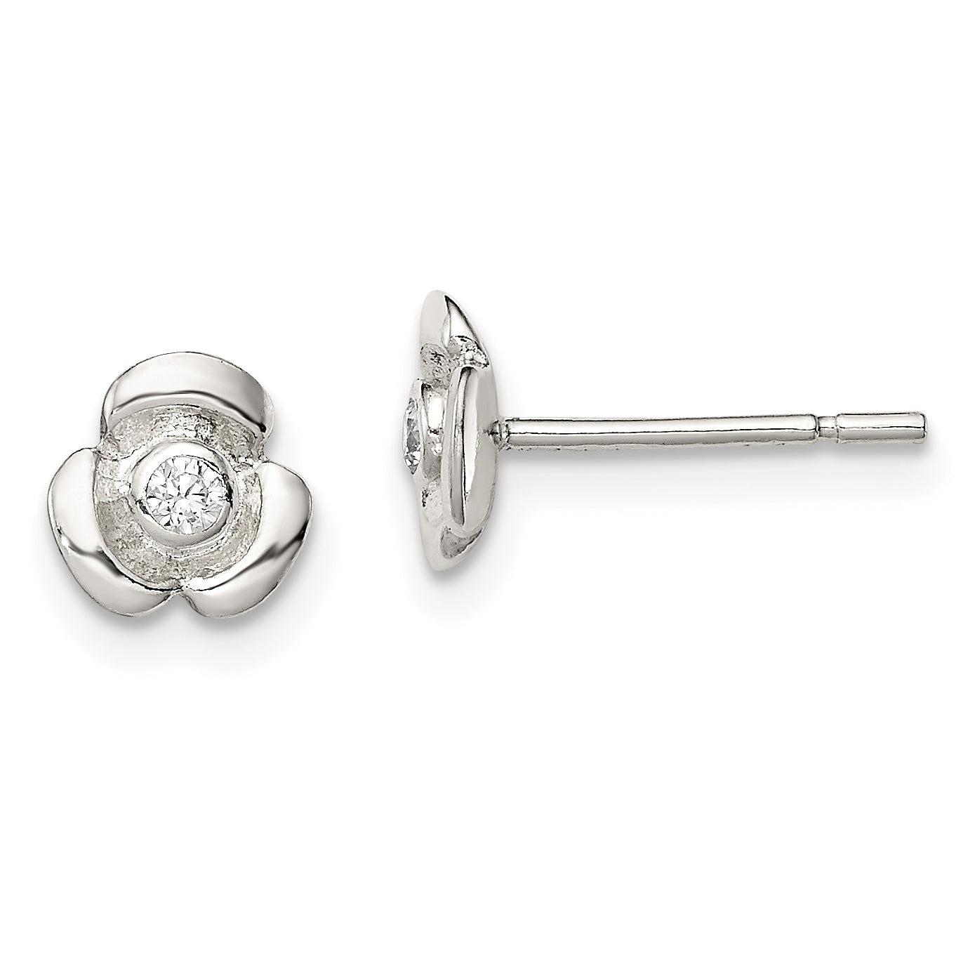 Sterling Silver Polished Flower with CZ Children's Post Earrings