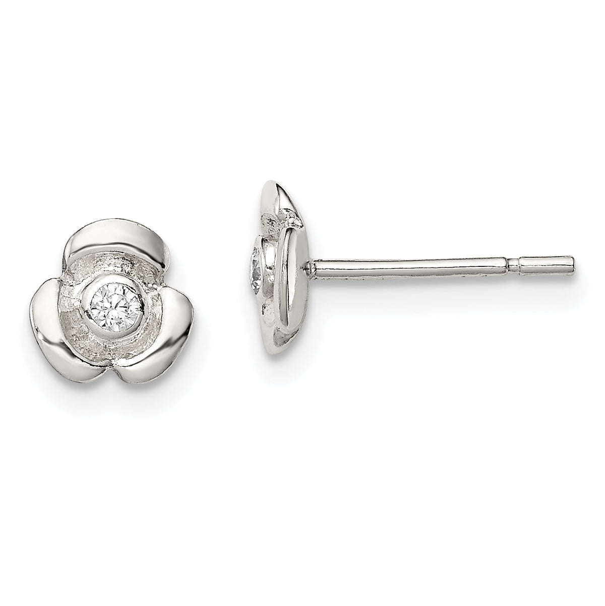 Sterling Silver Polished Flower with CZ Children's Post Earrings