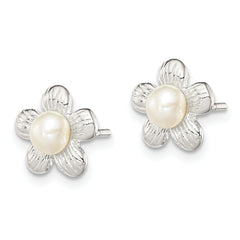 Sterling Silver Polished & Textured Sim. Pearl Flower Post Earrings