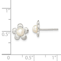 Sterling Silver Polished & Textured Sim. Pearl Flower Post Earrings