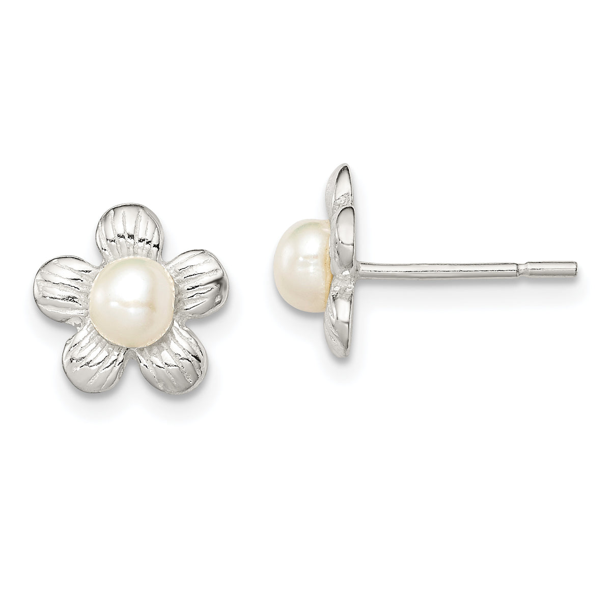 Sterling Silver Polished & Textured Sim. Pearl Flower Post Earrings