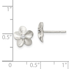 Sterling Silver Polished & Satin CZ Flower Post Earrings