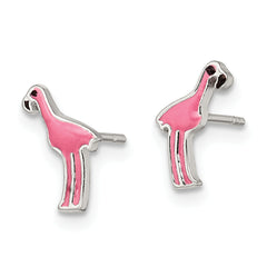 Sterling Silver Polished Pink & Black Enameled Flamingo Post Earrings