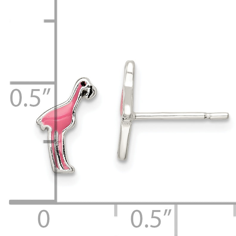 Sterling Silver Polished Pink & Black Enameled Flamingo Post Earrings