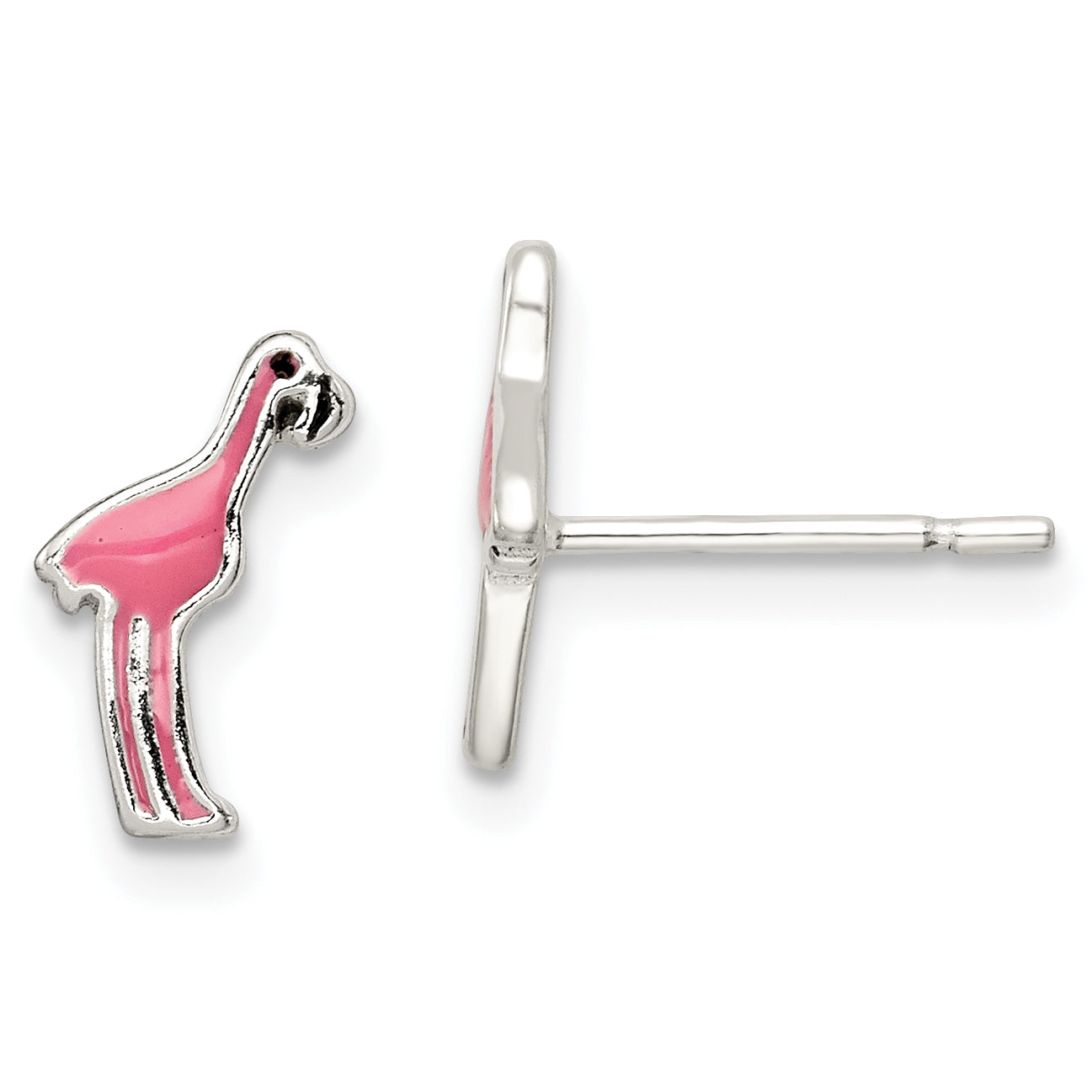 Sterling Silver Polished Pink & Black Enameled Flamingo Post Earrings