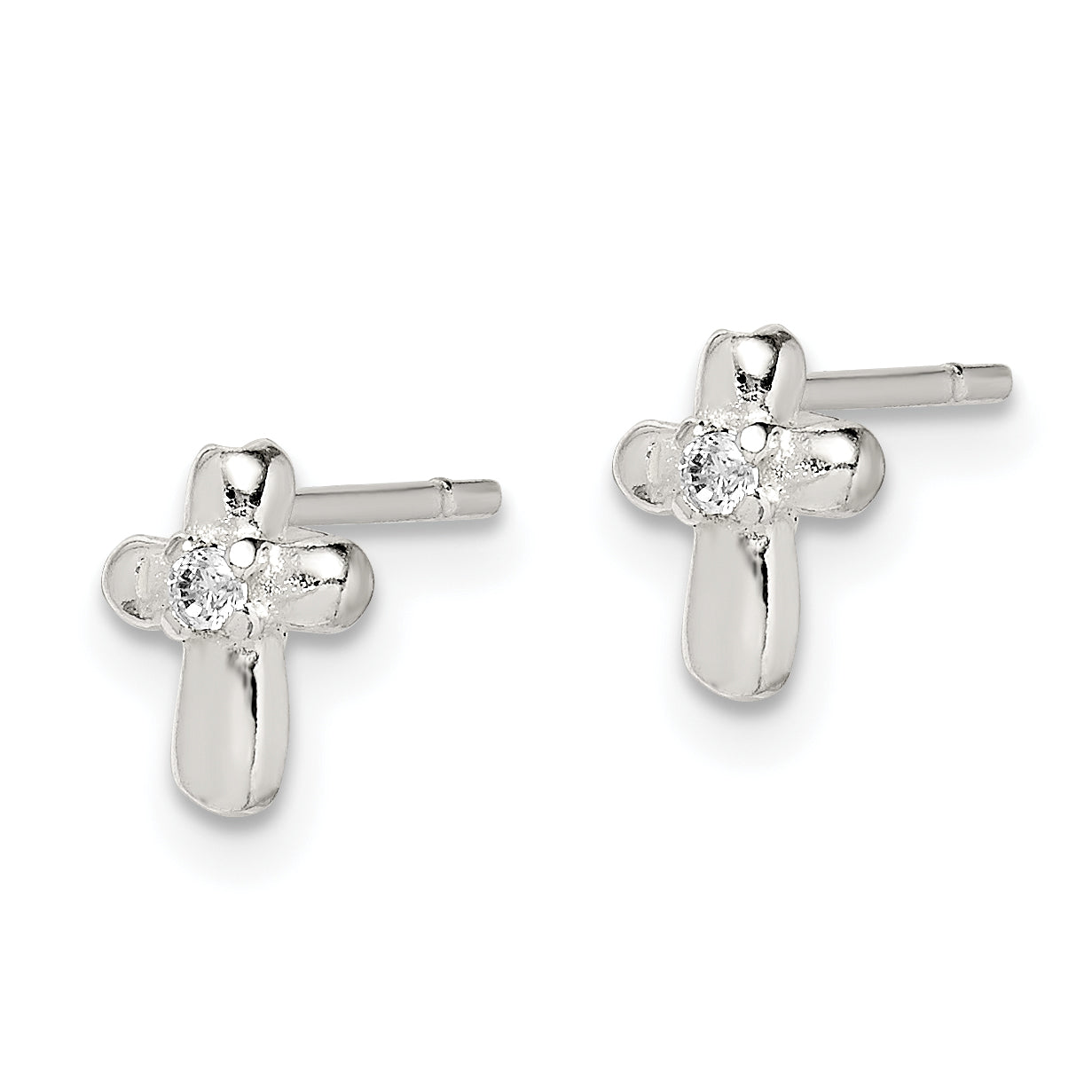 Sterling Silver Polished Cross with CZ Post Earrings