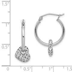 Sterling Silver Rhodium Plated Moveable Heart Hoop Earrings