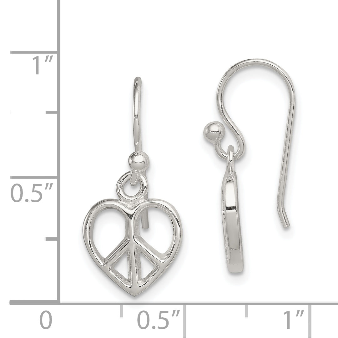 Sterling Silver Peace Sign Heart Shepherd Hook Earrings