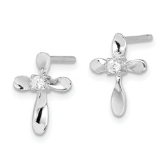 Sterling Silver Rhodium-plated Polished CZ Cross Post Earrings