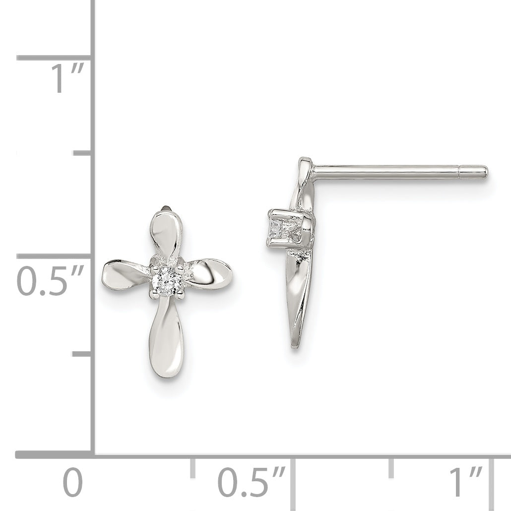 Sterling Silver Rhodium-plated Polished CZ Cross Post Earrings