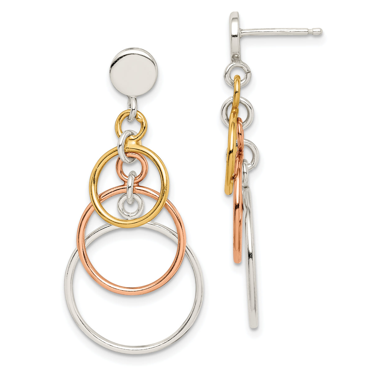 Sterling Silver & Flash Yellow & Rose Gold-plated Circle Post Dangle Earrin