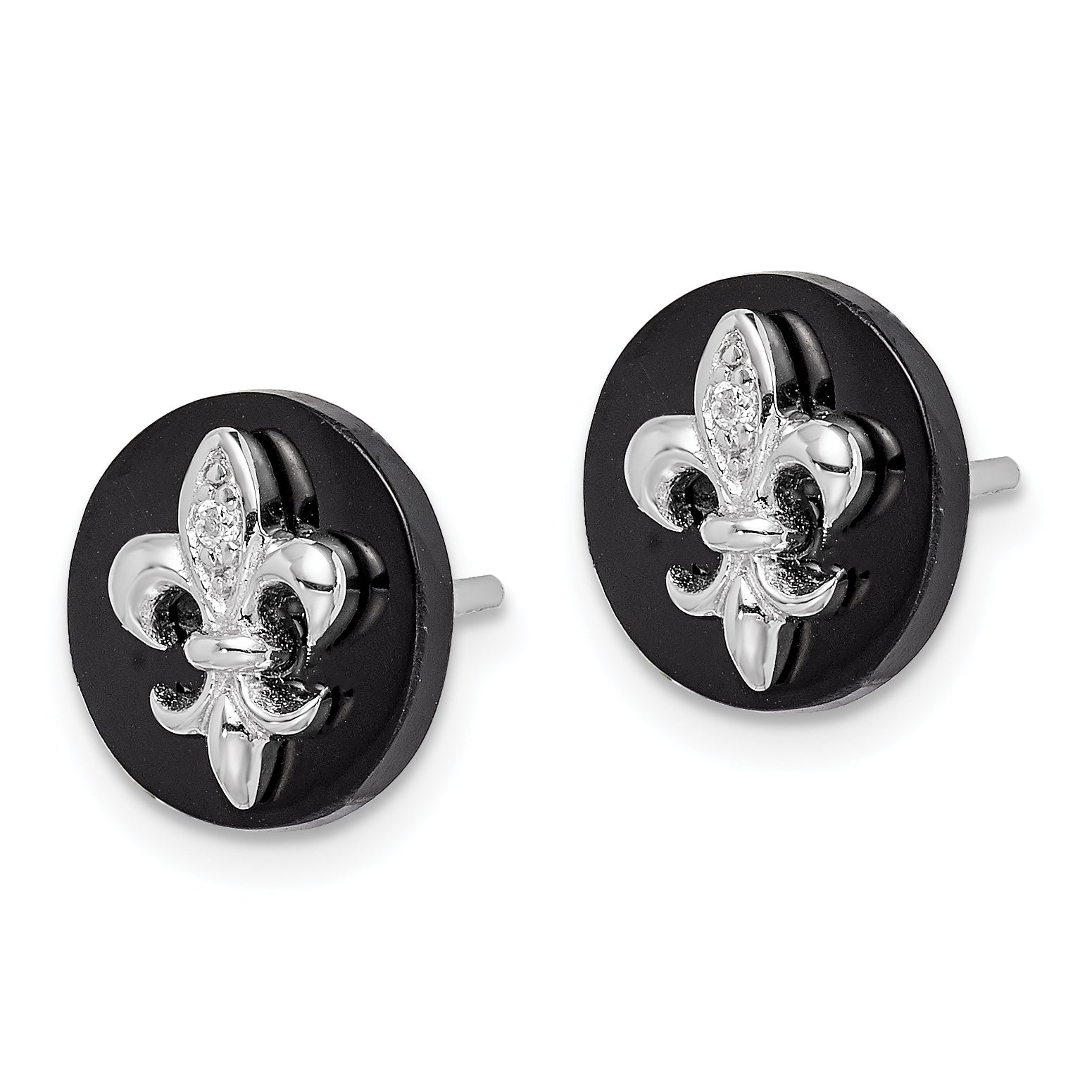 Sterling Silver Rhodium-plated CZ Fleur de Lis Onyx Circle Stud Earrings