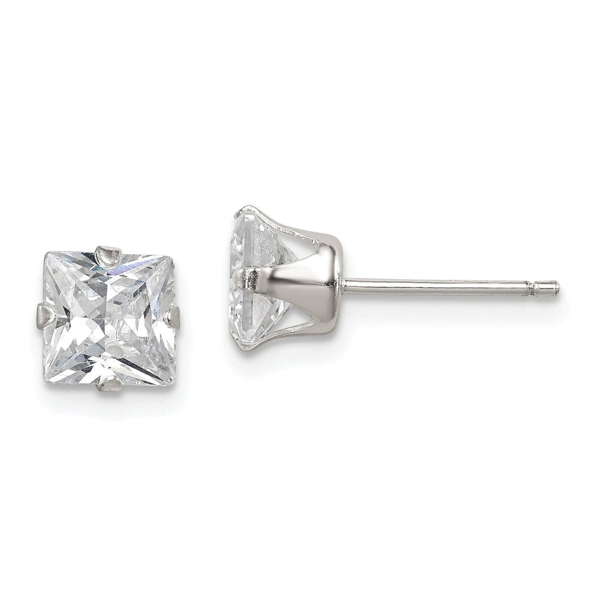 Sterling Silver Polished Princess 6mm CZ Snap Set Stud Earrings