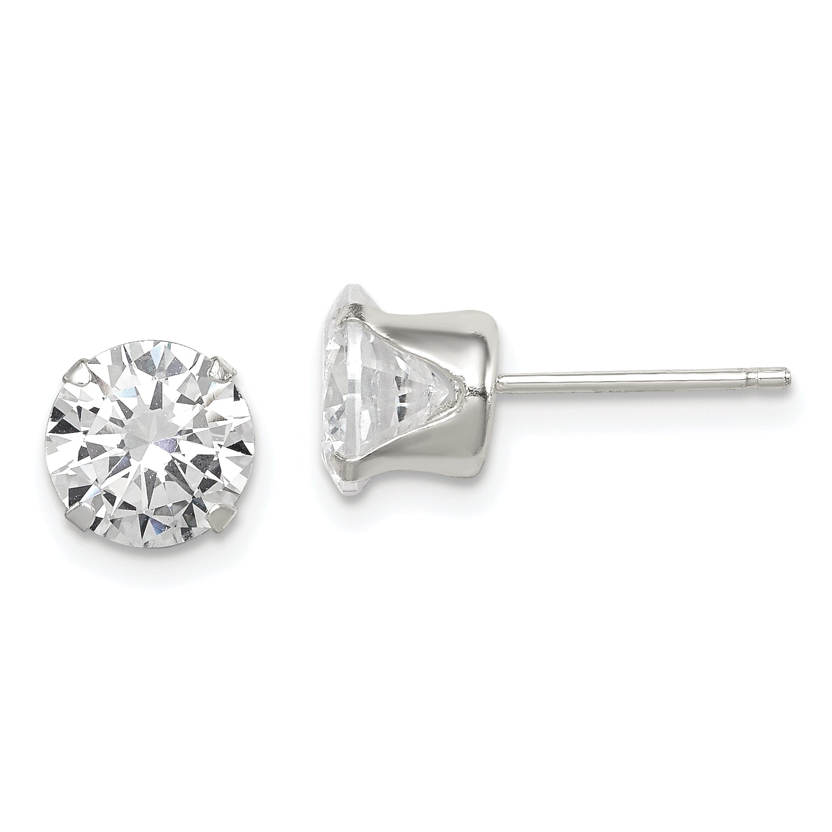 Sterling Silver Polished Round 7mm CZ Snap Set Stud Earrings