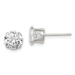 Sterling Silver Polished Round 7mm CZ Snap Set Stud Earrings