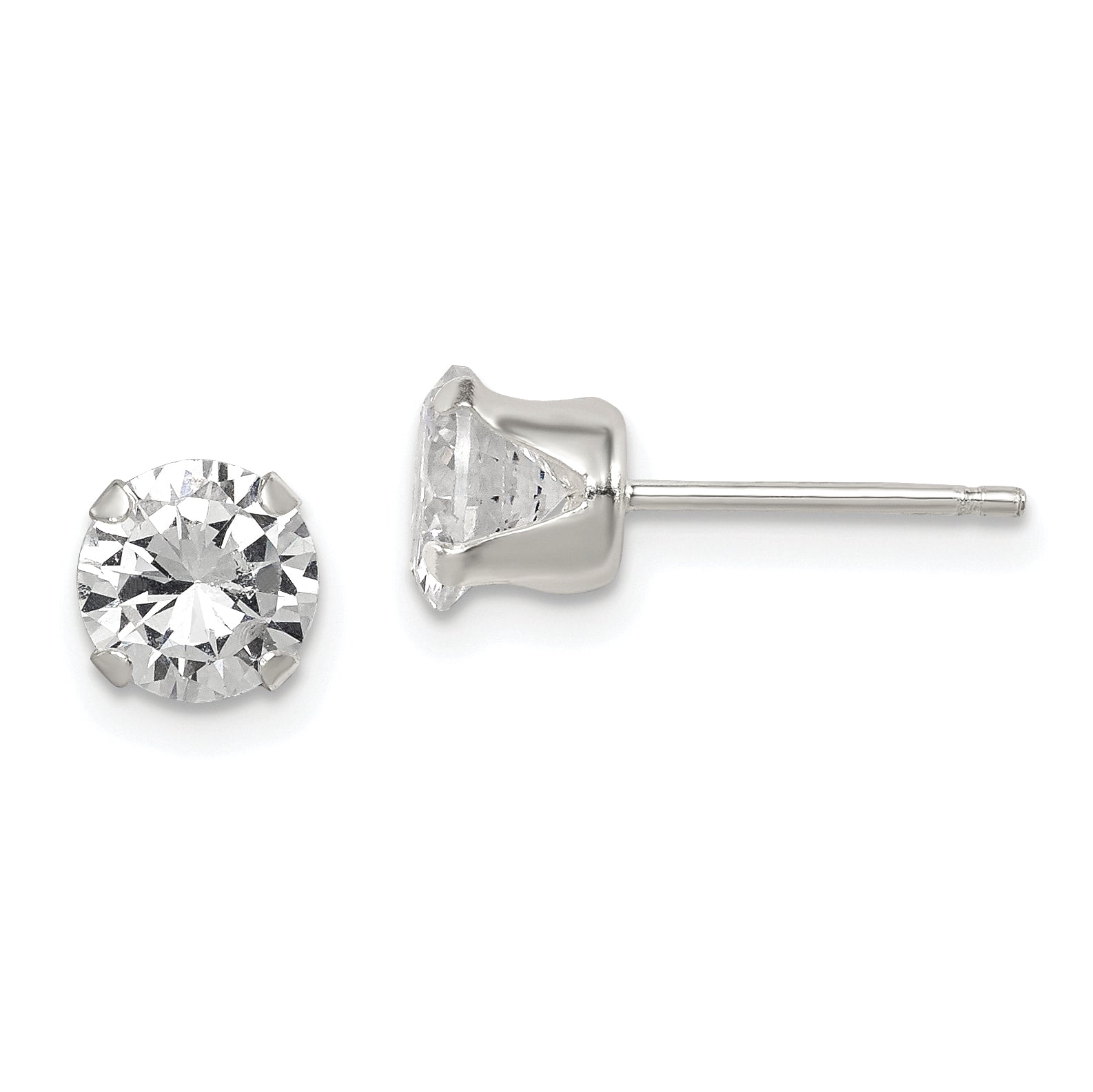 Sterling Silver Polished Round 6mm CZ Snap Set Stud Earrings