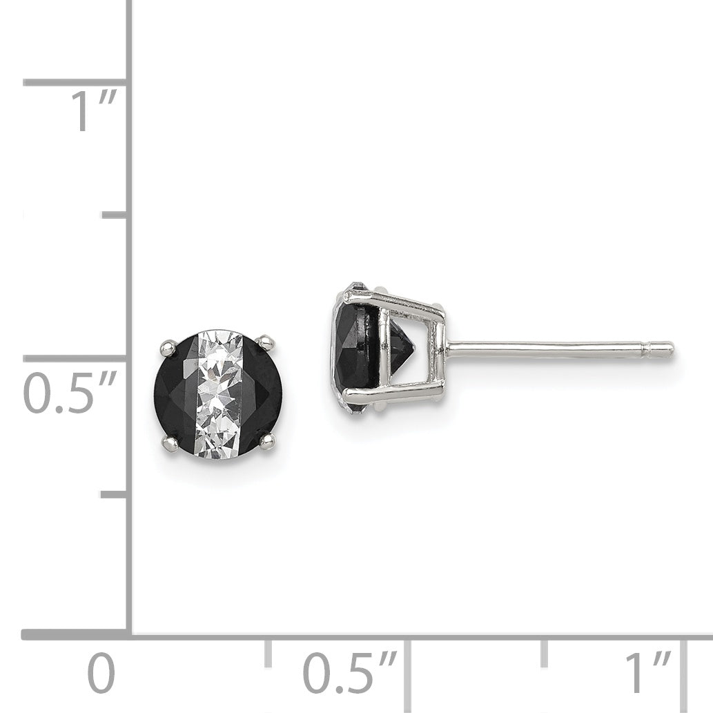 Sterling Silver RH-pltd Black/White 6mm Round CZ Basket Set Stud Earrings